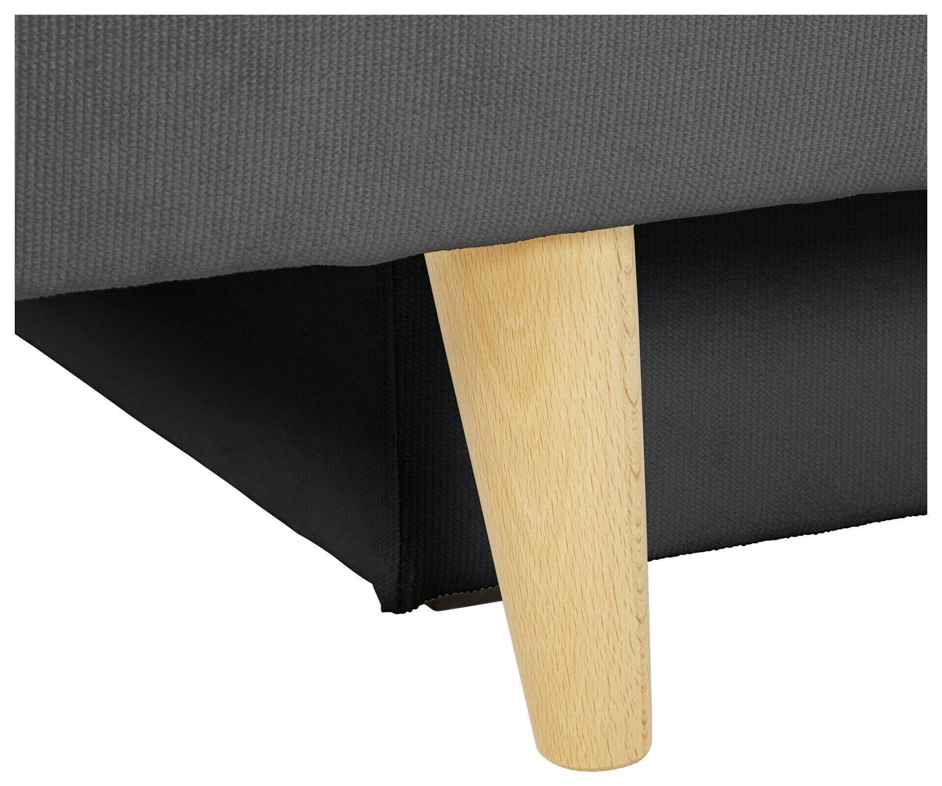 Detailaufnahme des Schlafsofas Leon 2 Lux mit grauem Stoffbezug, strukturierter Oberfläche und einem hellen Holzbein aus Buche natur.