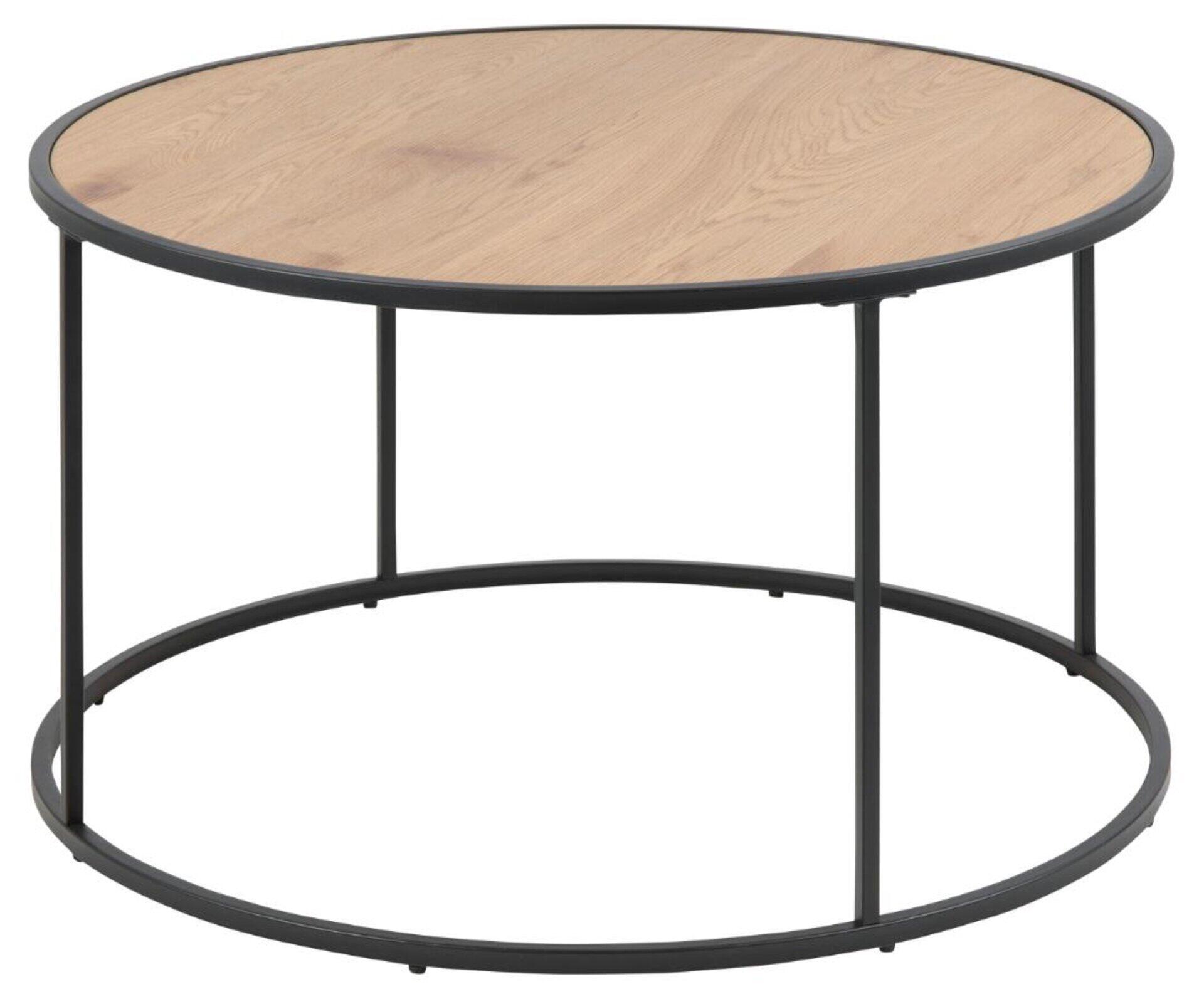 Runder Couchtisch Seaford mit heller, holzähnlicher Tischplatte und schwarzen, schlanken Metallbeinen, perspektivisch frontal dargestellt.