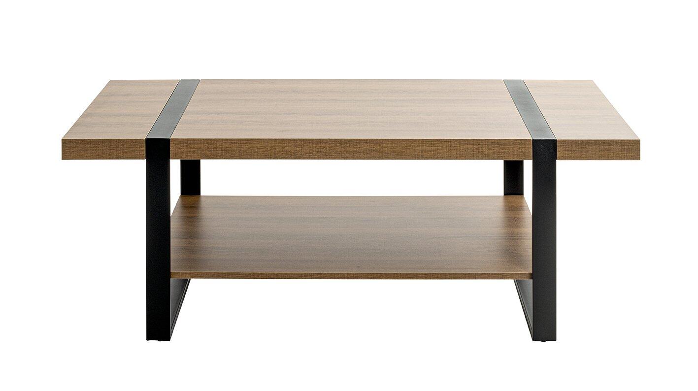 Couchtisch 25199 mit schwarzem Stahlrohrgestell, braun-holzfarbener Tischplatte mit Maserung, zusätzlicher Ablagefläche und L-förmigen Beinen, dargestellt in gerader Frontalperspektive.