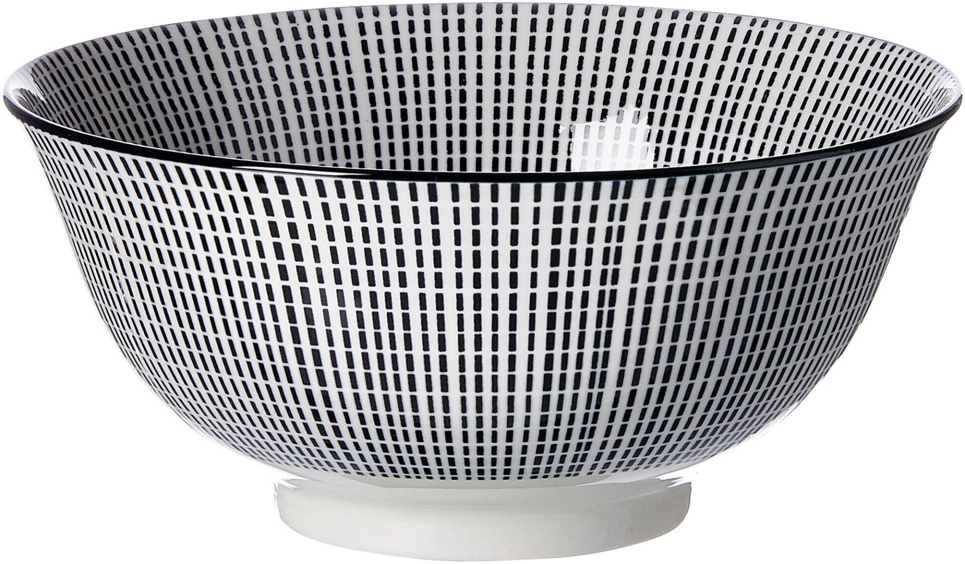 Müsli-Schale Takeo Stripes in konischer Form mit vertikalem Streifenmuster und schwarzem Rand, dargestellt in ¾-Perspektive.