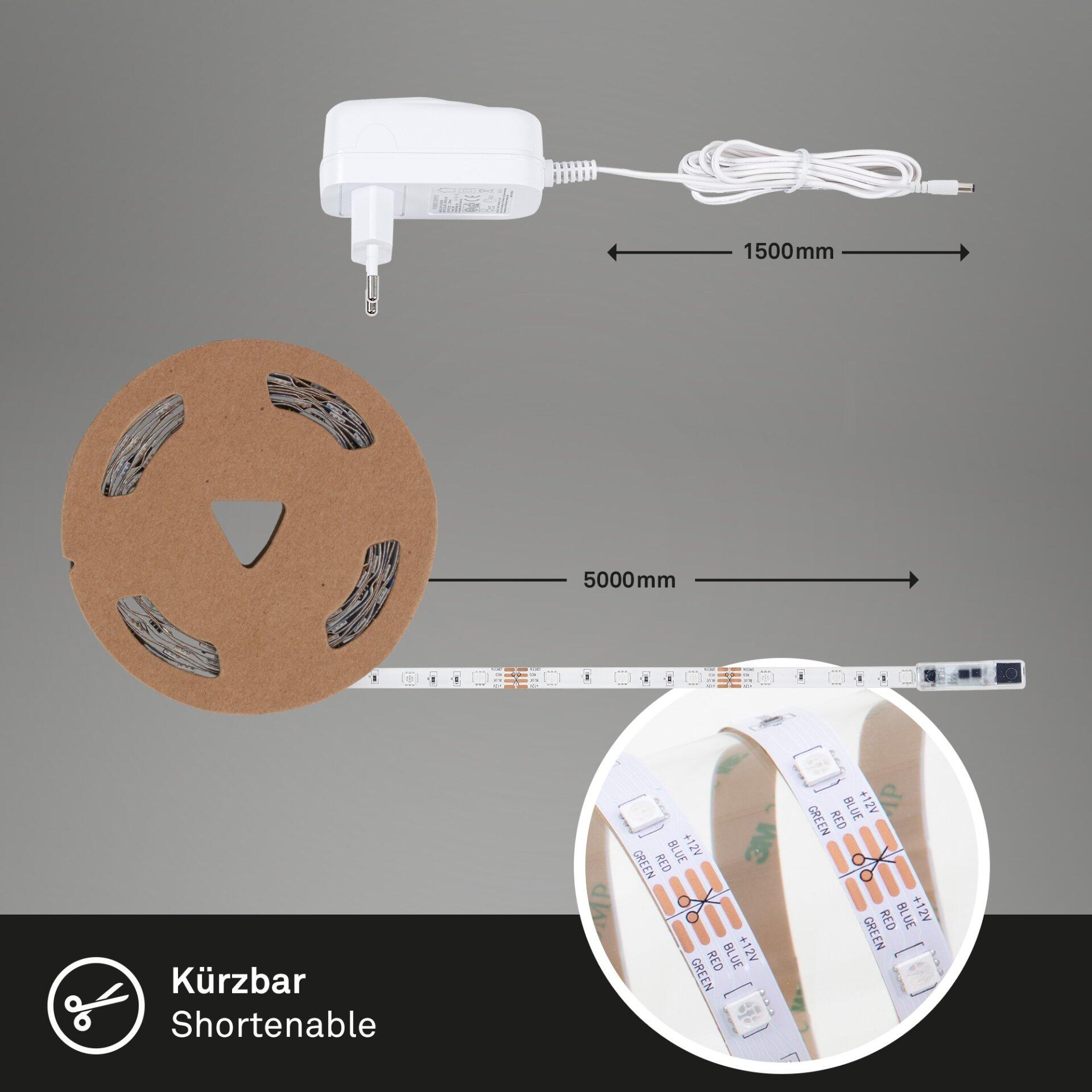 LED-Band Flow mit Farbzonen in Blau, Rot und Grün, zeigt Schnittstellen zur Kürzung alle 50 mm und ein separates Netzteil.