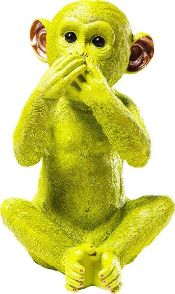 Sitzender Affe, Monkey Iwazaru, in Grün, zeigt die typische Pose mit Händen vor dem Mund.