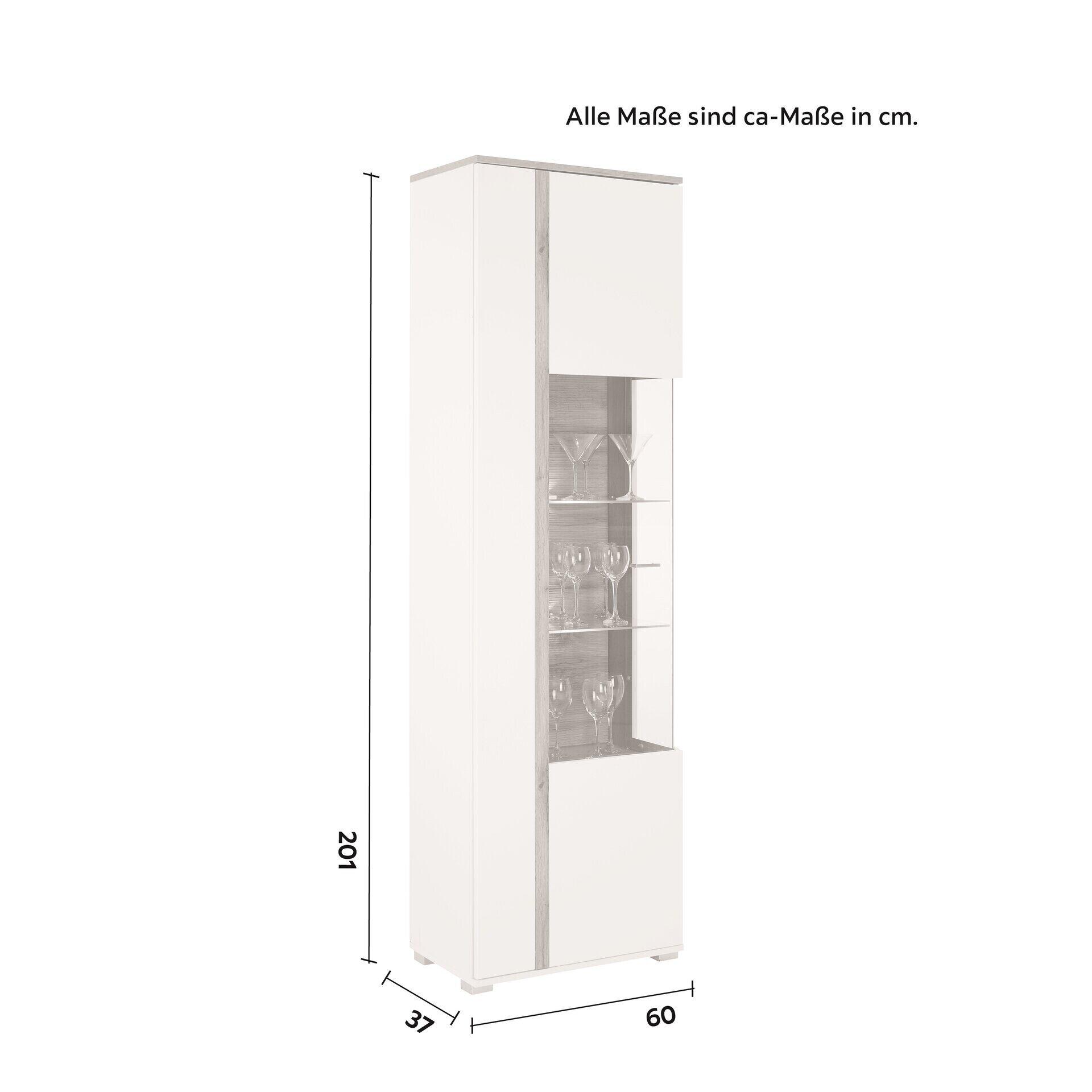 Vitrine Alamo in Seitenansicht mit Glasfront und LED-Beleuchtung, die den Innenraum mit Weinflaschen und Gläsern zeigt.