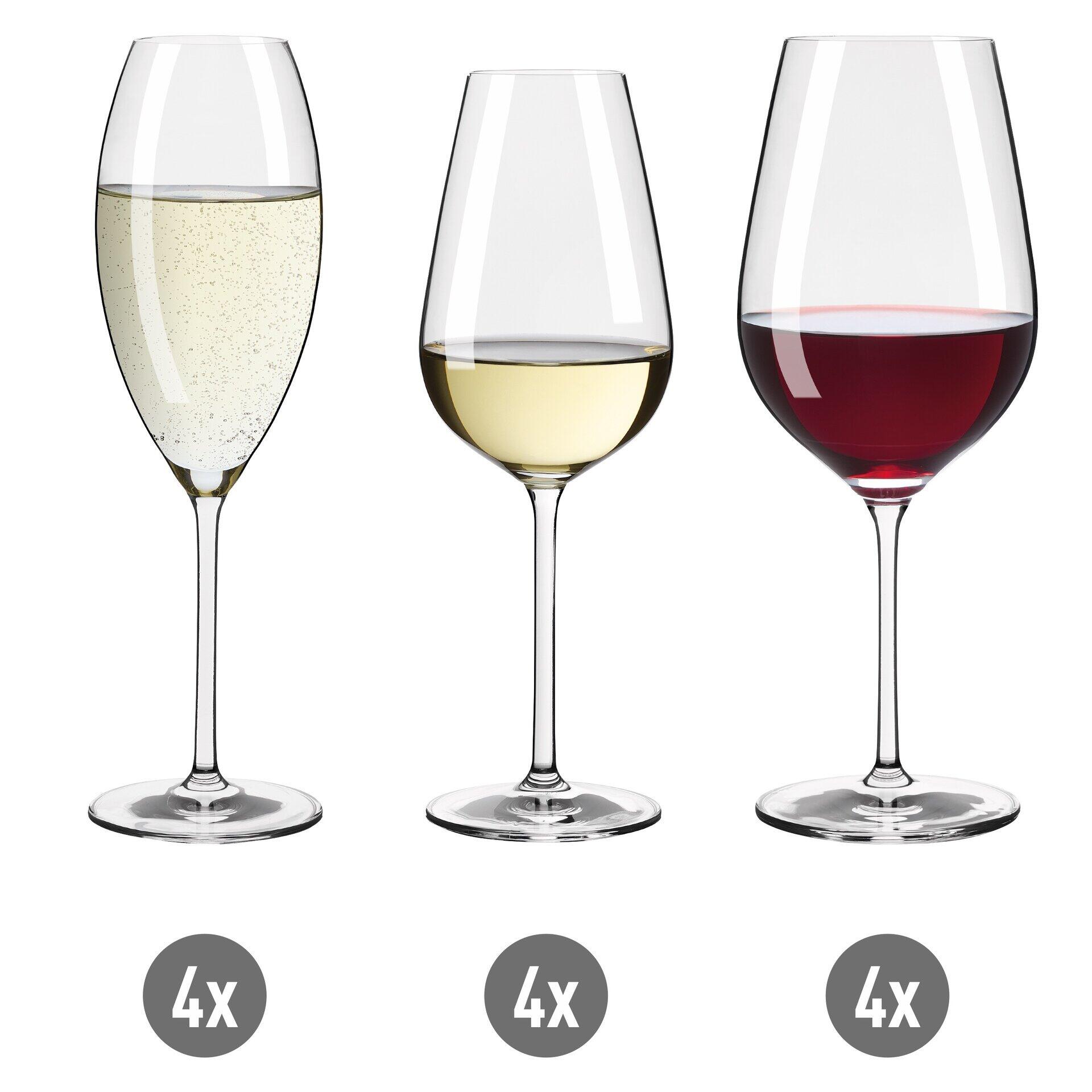 Wein- und Champagnerglas-Set: Drei Weinflaschen unterschiedlicher Sorte in passenden Gläsern, die einen transparenten Stiel und einen flachen Boden haben.