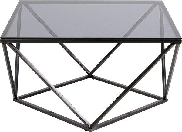 Couchtisch Cristallo Graphit mit quadratischem Design und verchromten Stahlfüßen, deren diagonalen Streben ein geometrisches Muster bilden, sowie einer transparenten Glasplatte.