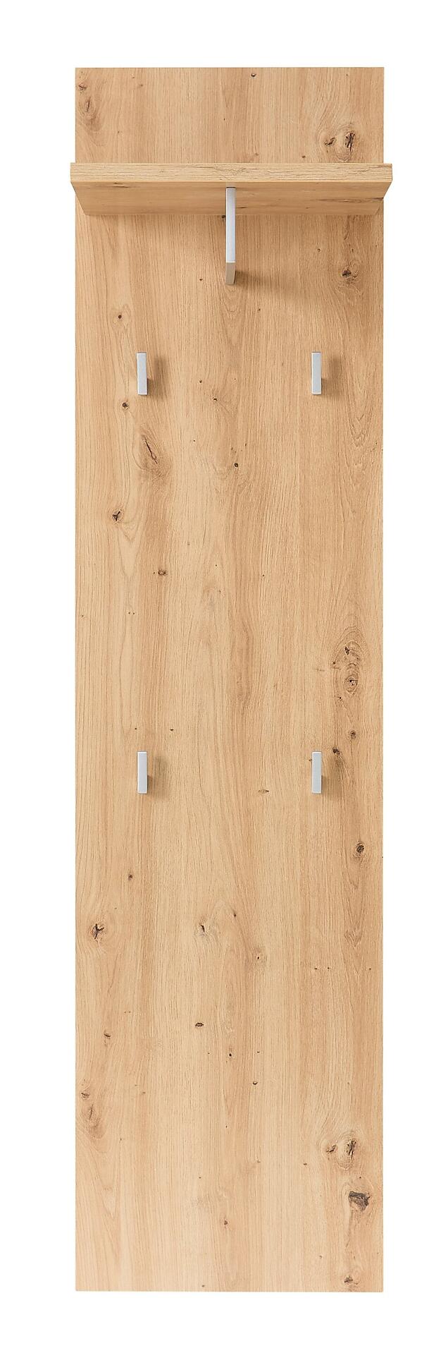 Garderobenpaneel Bari mit Wandhaken aus hellem Holz, der einen ausklappbaren Metallhaken und drei zusätzliche Haken zur Aufbewahrung von Kleidung bietet.
