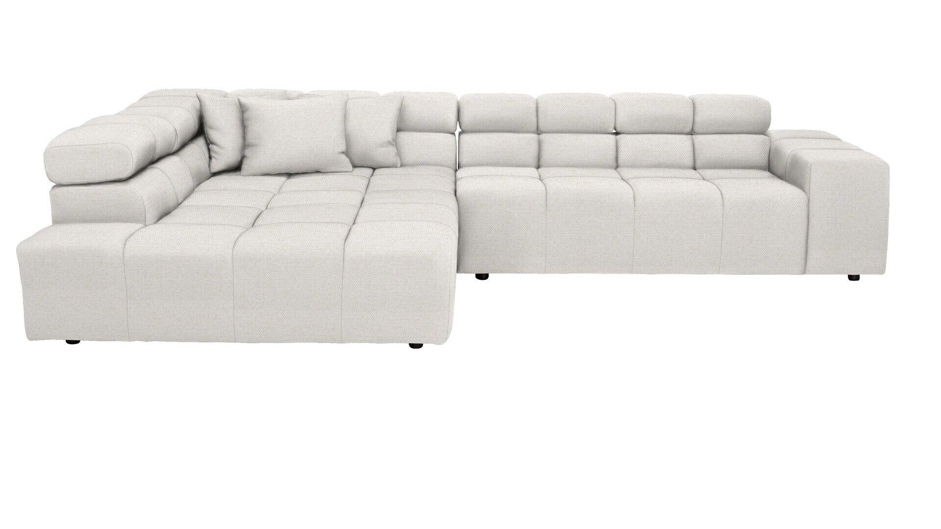 Ecksofa Omega 2.0 in hellgrau mit verstellbaren Kopfstützen und geometrischem Design, Blickwinkel auf einen modularen Sofa-Teil mit erhöhter Sitzfläche.