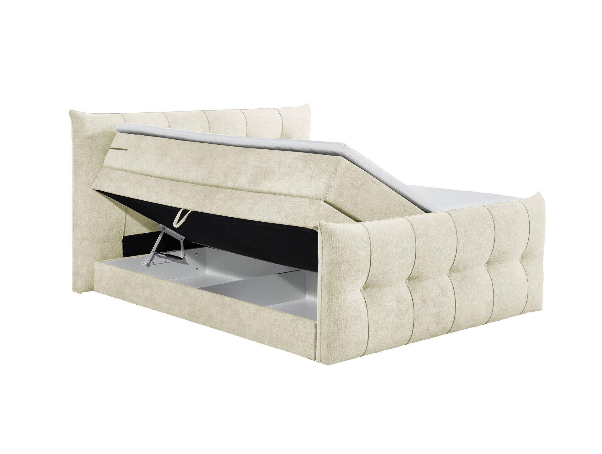 Boxspringbett Maracana 6 mit offenem Bettkasten, der durch Metallscharniere zugänglich ist und zusätzlichen Stauraum bietet.