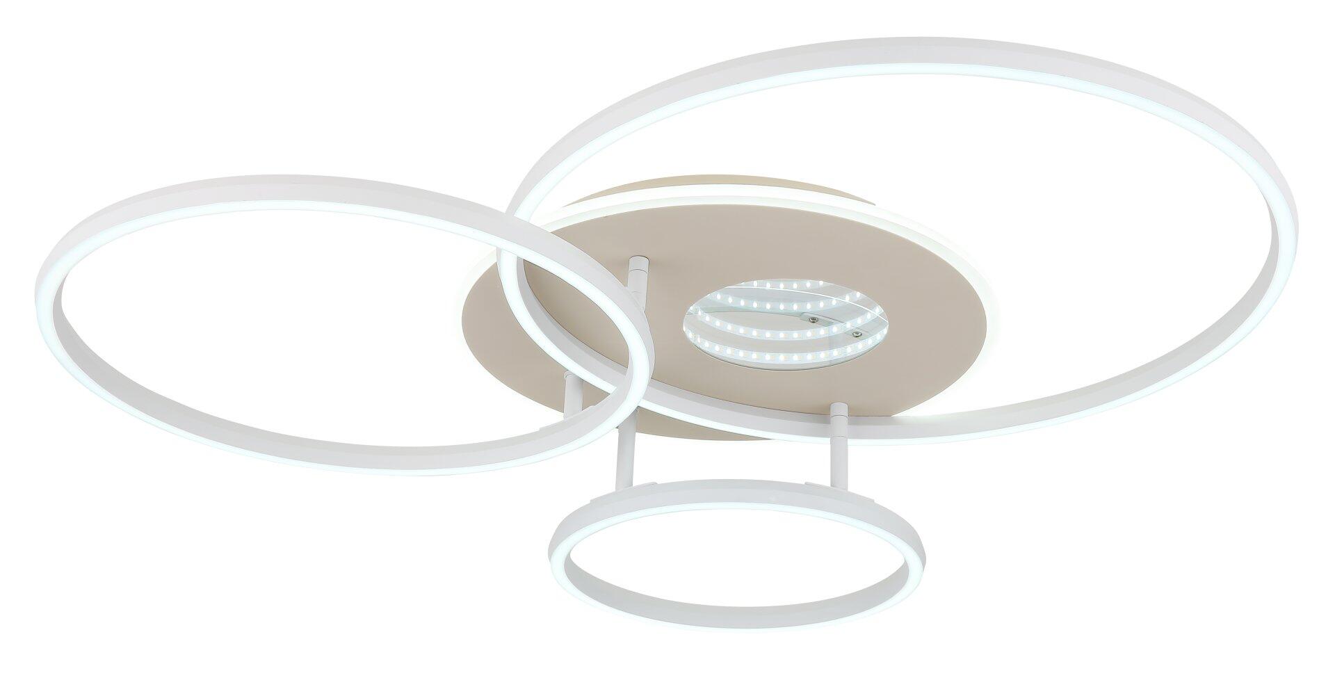 Deckenleuchte INVERTINA mit drei ringförmigen, ineinander verschachtelten Elementen und einem strukturierten Kern, die in einer Frontalperspektive das sanfte, diffuse Licht und den schwebenden Effekt der modernen LED-Deckenleuchte zeigen.