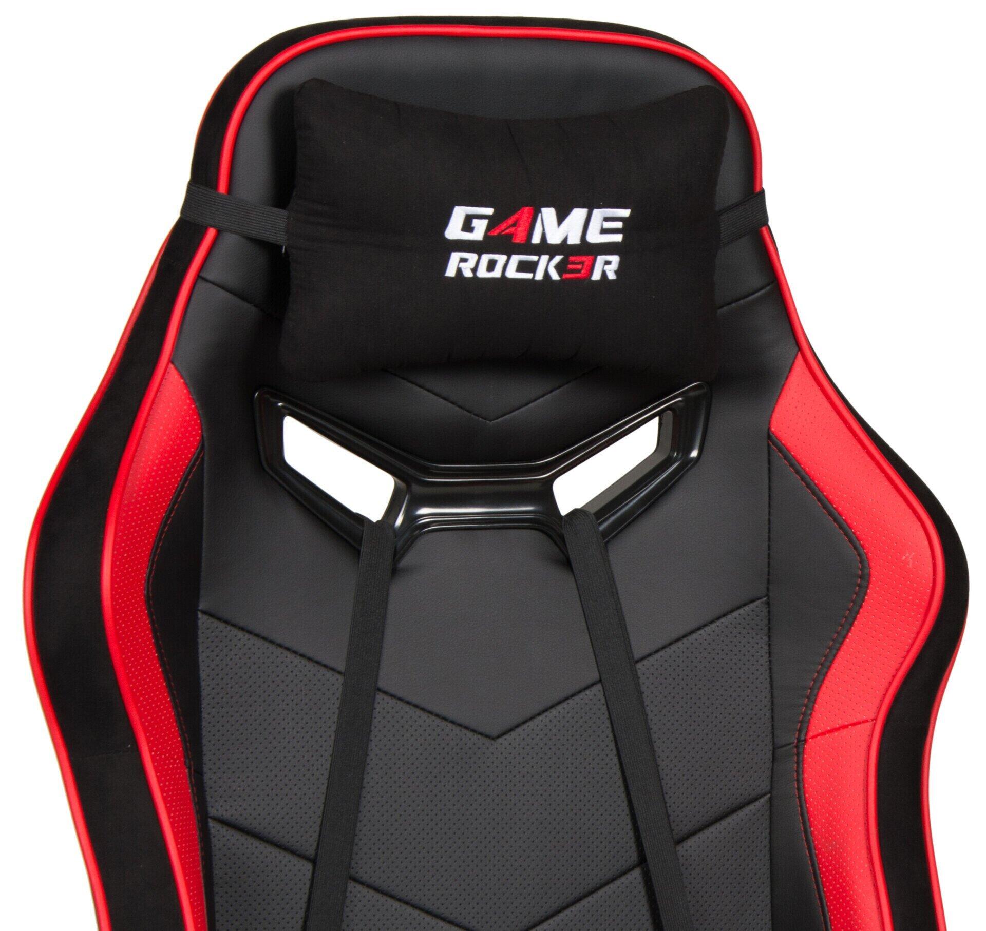 Nahaufnahme der ergonomisch geformten, rot und schwarz gepolsterten Rückenlehne des Chefsessels Game-Rocker G-30 mit Netzstoffmittelteil, Akzenten und Kopfstütze.