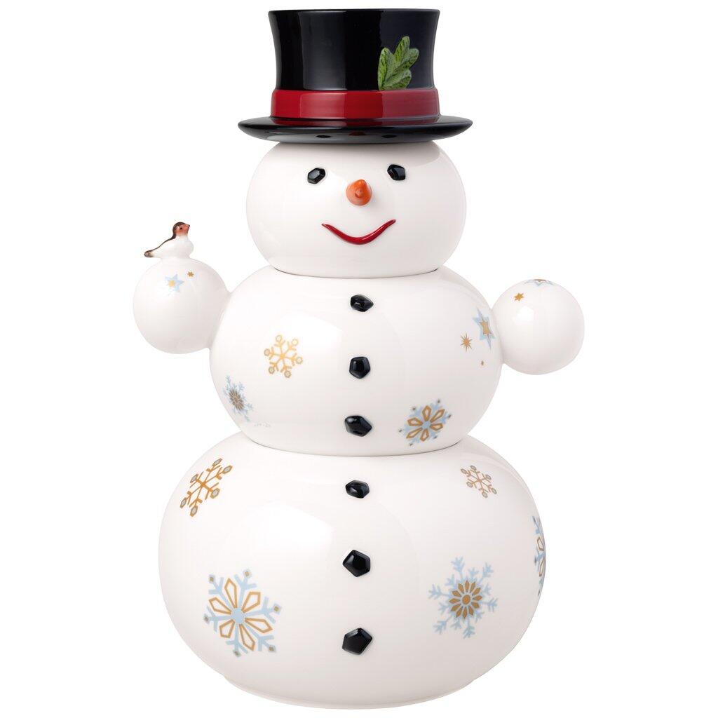 Schneemann Dose von Villeroy & Boch, ein runder Aufbewahrungsbehälter aus weißem Porzellan mit blauen Schneeflocken und detailreichen Schneemann-Applikationen.