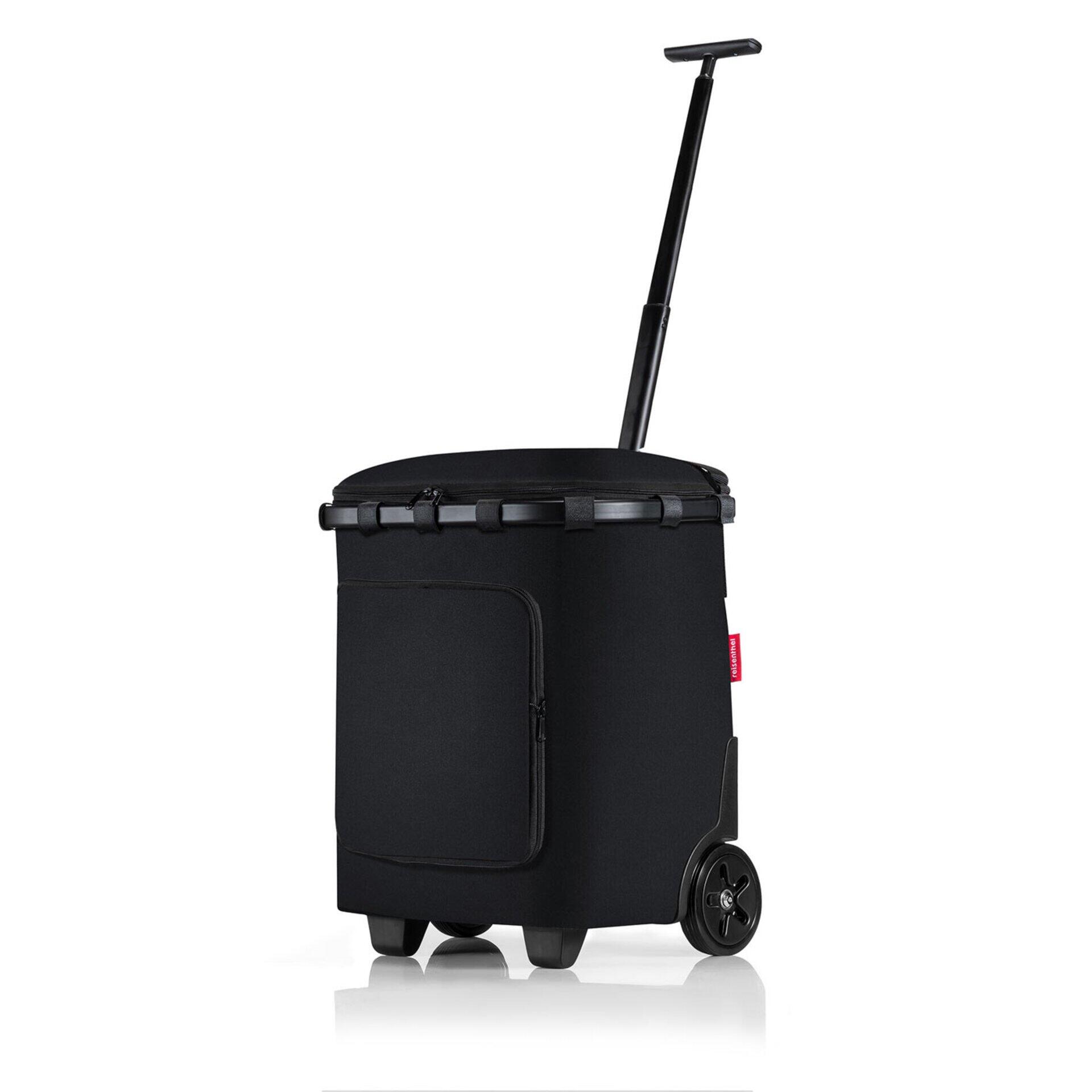Schwarzer Carrycruiser Plus Kühlbox-Trolley mit abnehmbarem Deckel, ausziehbarer Griff und vier Rollen, frontal und detailreich dargestellt.
