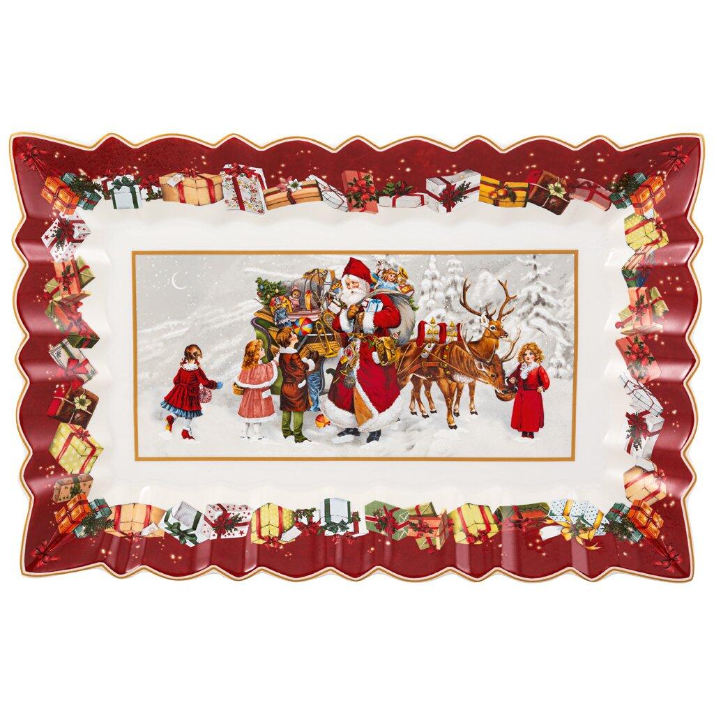 Weihnachtsmann mit Kindern und Rentieren vor einem beladenen Schlitten, detailliert illustriert in einem verzierten, roten Rahmen.