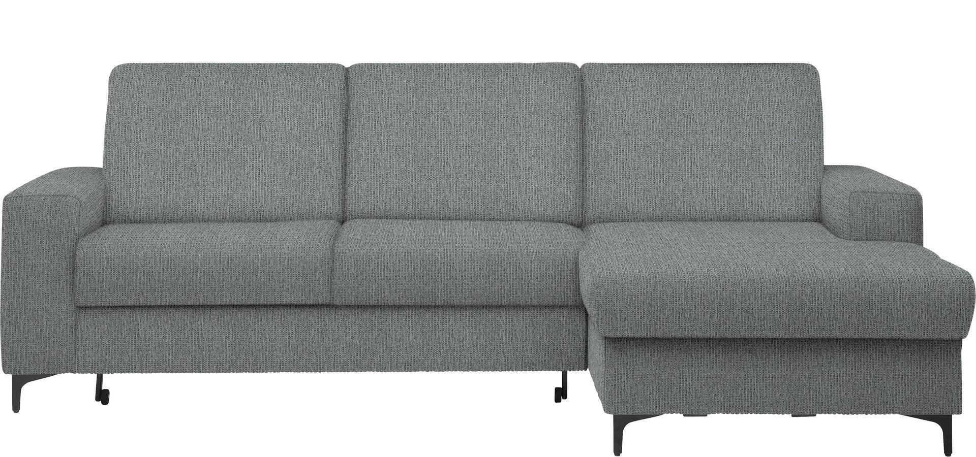 Ecksofa Balina in Frontalperspektive mit Relaxfunktion auf der linken Seite und Metallfüßen.