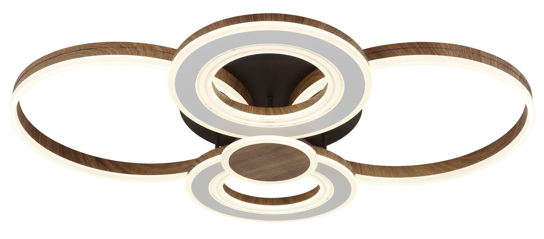 Moderne Deckenleuchte MARA mit ineinander verschachtelten, ringförmigen Elementen, wobei die äußeren Ringe eine Holzoptik und die inneren Ringe eine dunkelbraune Oberfläche aufweisen.