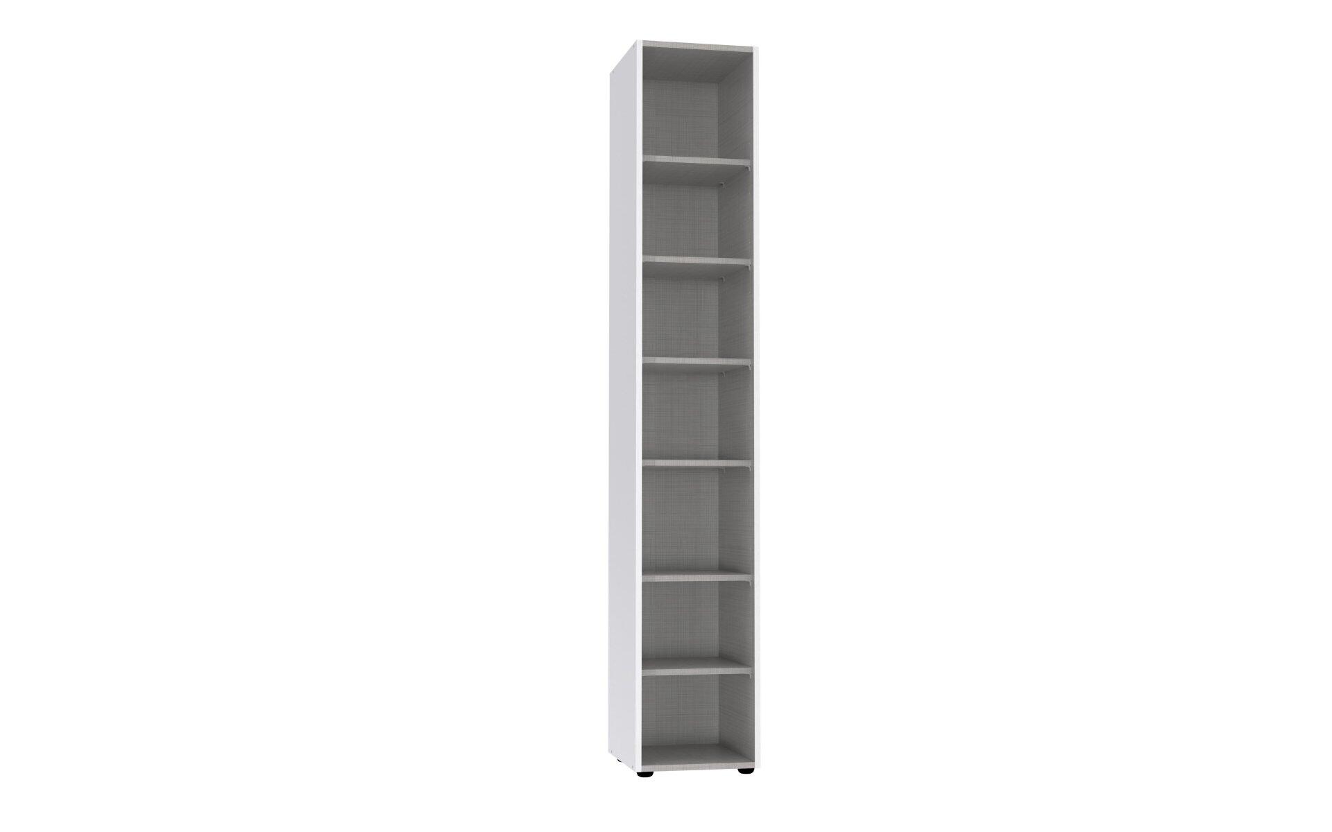 Freistehendes, weißes Bücherregal aus dem Multiraumkonzept mit fünf Regalböden und einer texturierten Rückwand, das durch seine Höhe und schlichte Gestaltung Stauraum bietet.