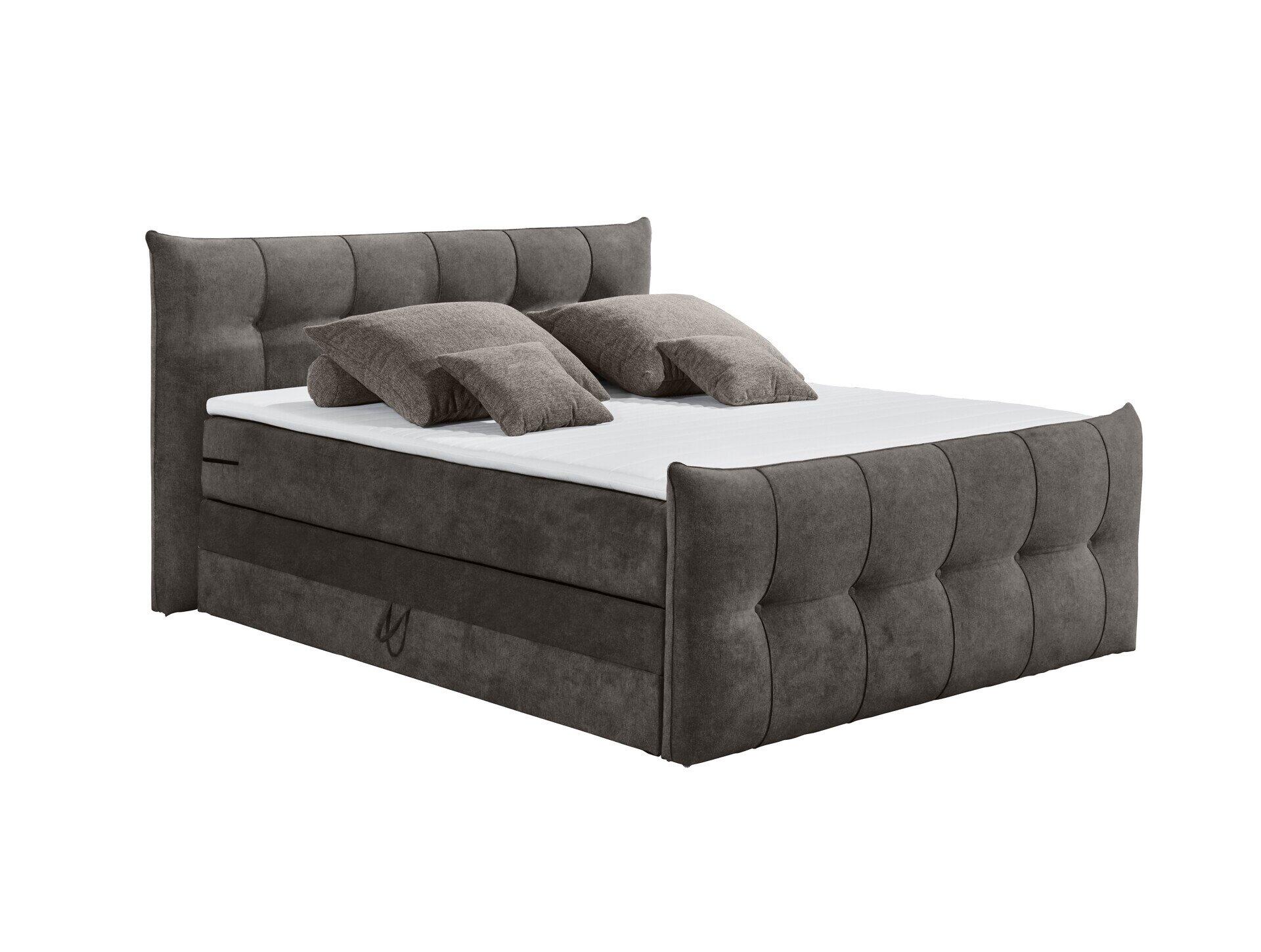Boxspringbett Maracana 6 in Seitenansicht mit dunkelgrauem Stoffbezug, Knopfprägung, leicht gewölbtem Kopfteil, integriertem Stauraum und Schublade.