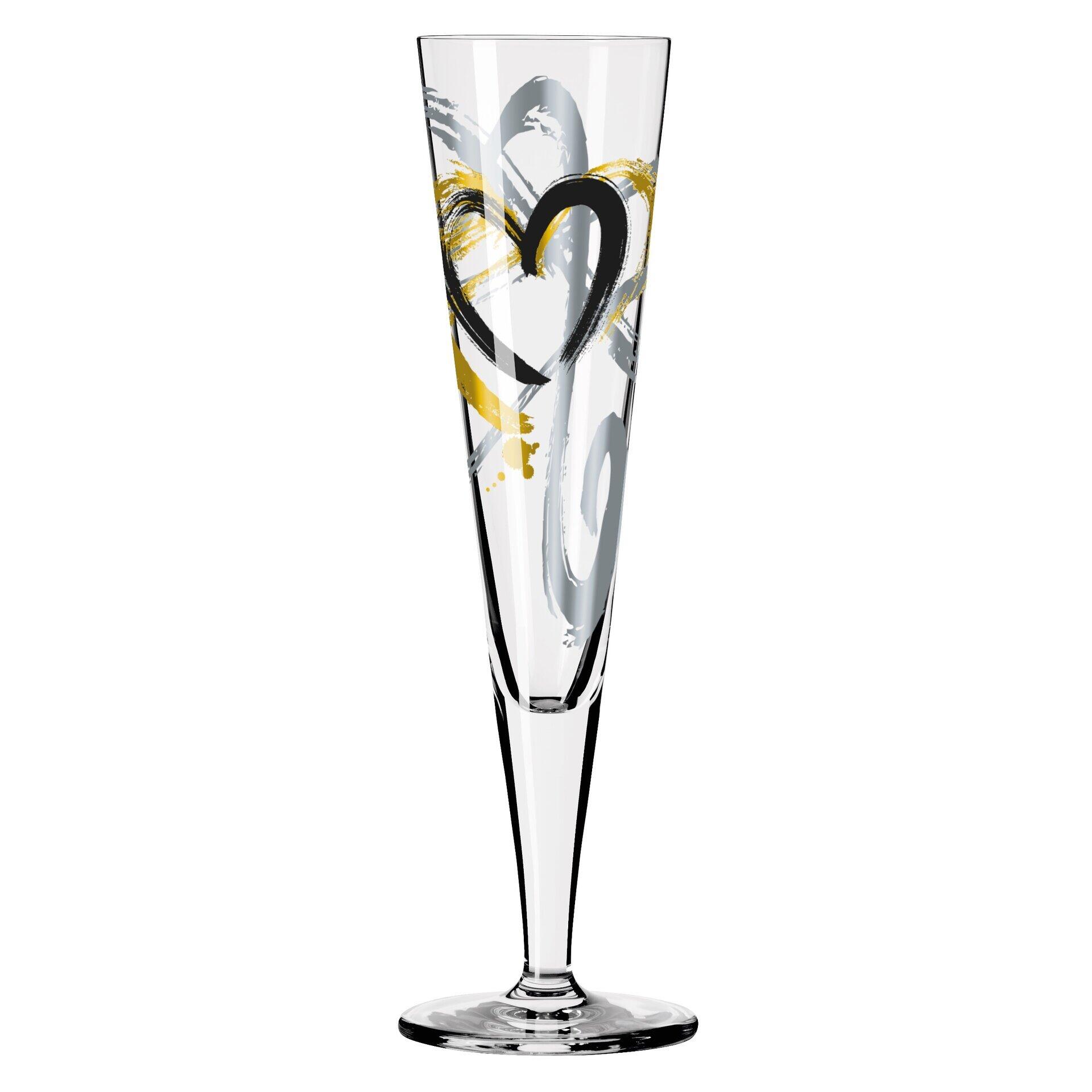 Schlankes Champagnerglas mit schwarzem und goldenem, handgezeichnetem Herz-Dekor im Inneren, dargestellt in einer frontalen Perspektive.