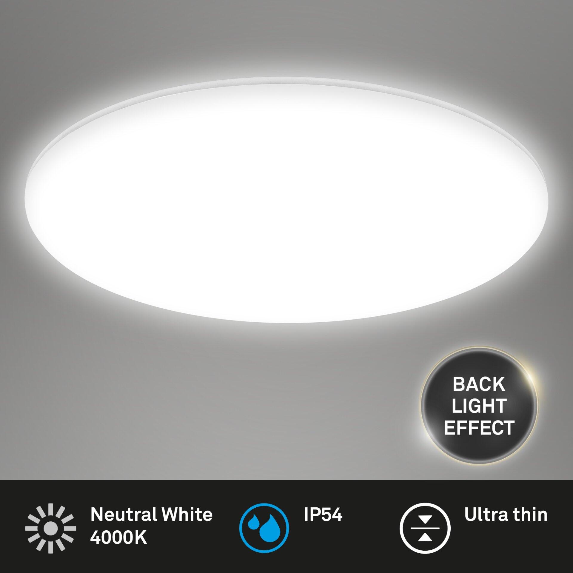 Runde Wand- und Deckenleuchte Rowny mit schlankem Design und geneigtem Aufbau für einen gleichmäßigen "Backlight"-Effekt.