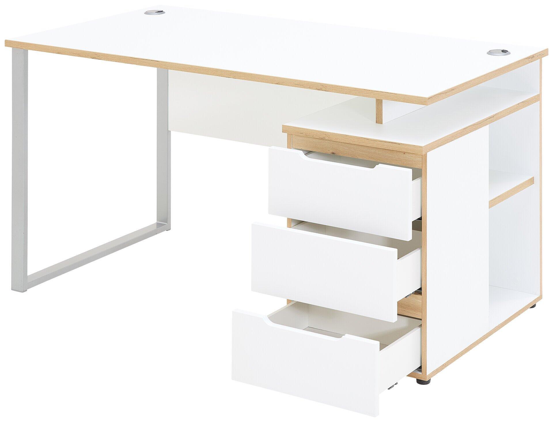 Schreibtisch Memphis mit weißer Tischplatte, Kabelführung, silbernem Metallgestell, integriertem Schrank mit Schubladen und offenen Fächern, aus schräger Perspektive.