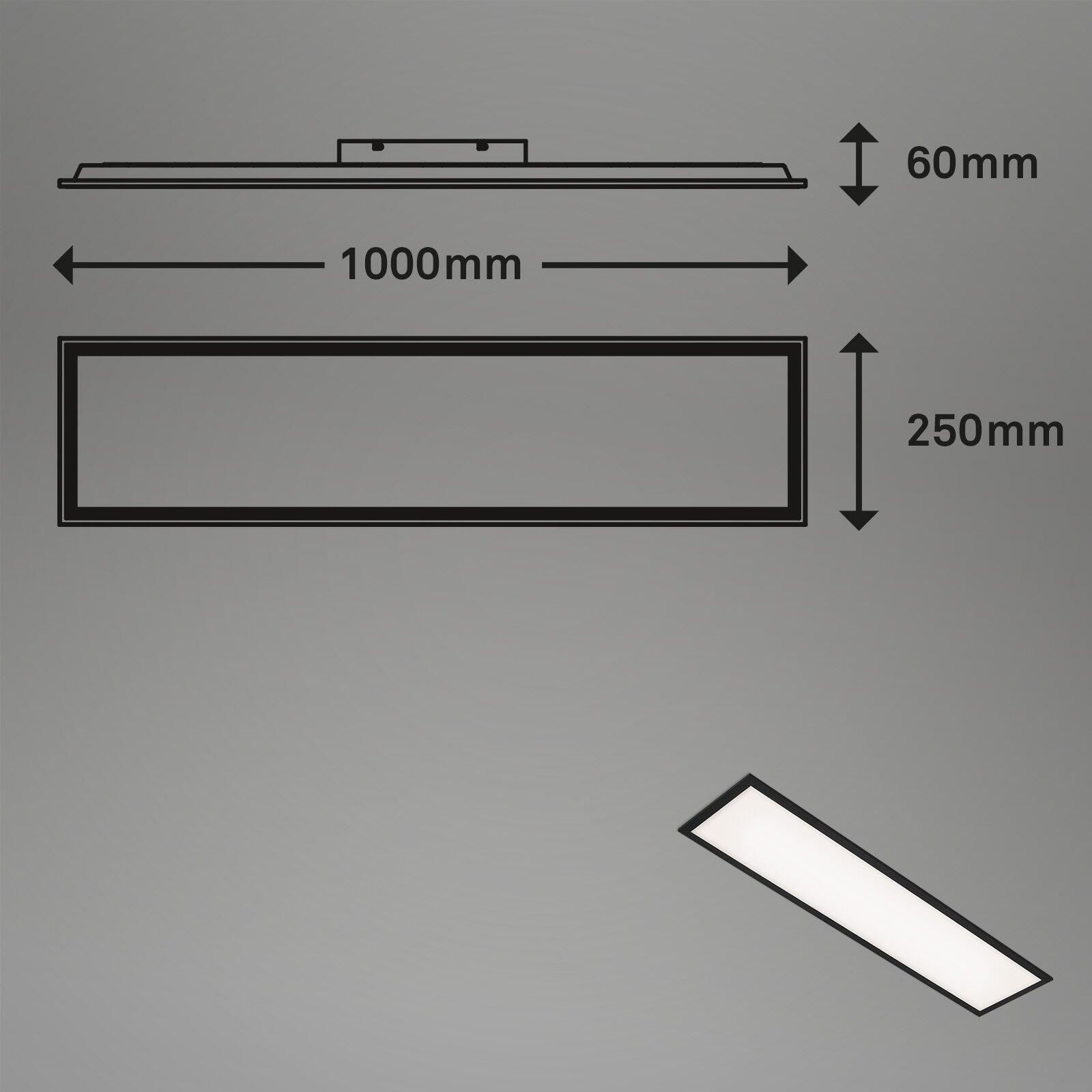 Panel, Simple: flache, weiße Deckenleuchte mit Abmessungen 1000 mm x 60 mm, perspektivische Seitenansicht mit sichtbaren LED-Lamellen zur gleichmäßigen Lichtverteilung.