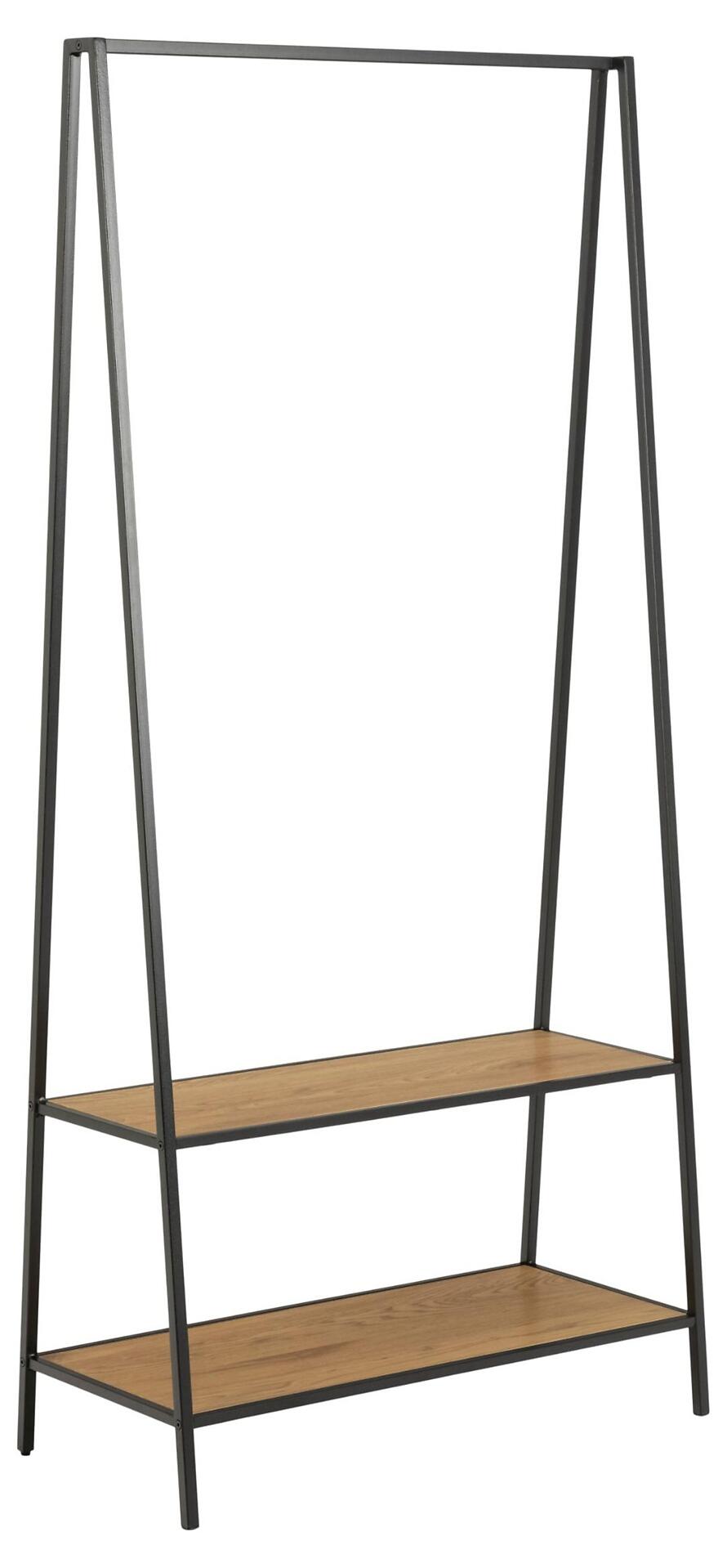 Garderobenständer Seaford mit schwarzem Metallrahmen und zwei horizontalen Holzregalen, die aus einer frontalen Perspektive detailliert dargestellt sind.