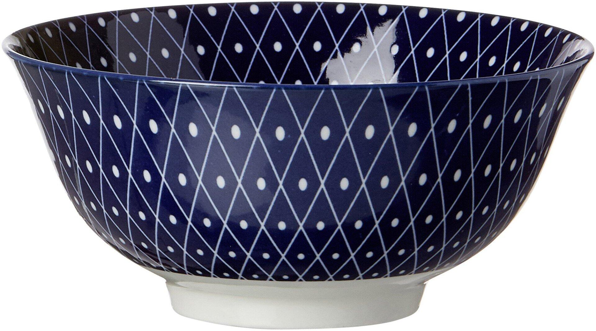 Tiefblaue Müsli-Schale "Reiko" mit weißem Innenleben und filigranem, dreieckigem Muster aus weißen Linien und Punkten, dargestellt in 3/4-Perspektive.