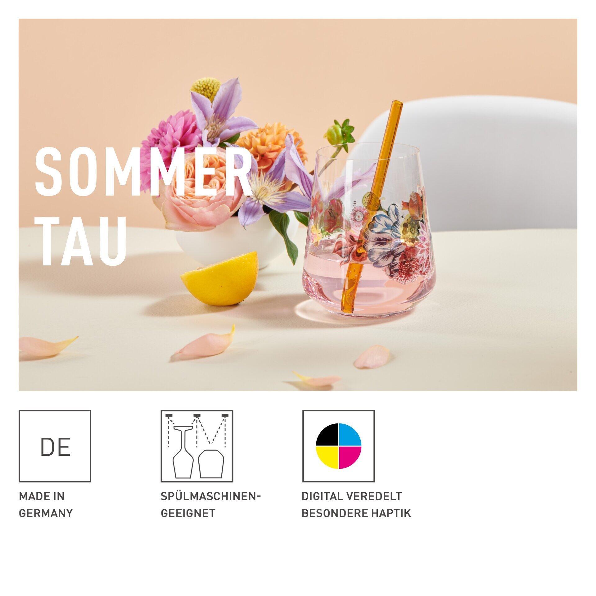 Universalglas-Set: Zwei zylindrische Gläser mit floralem Dekor in einer stilisierten Präsentation, inklusive Detailansicht des "Made in Germany"-Logos und dem Hinweis auf spülmaschinenfreundliche Verarbeitung.