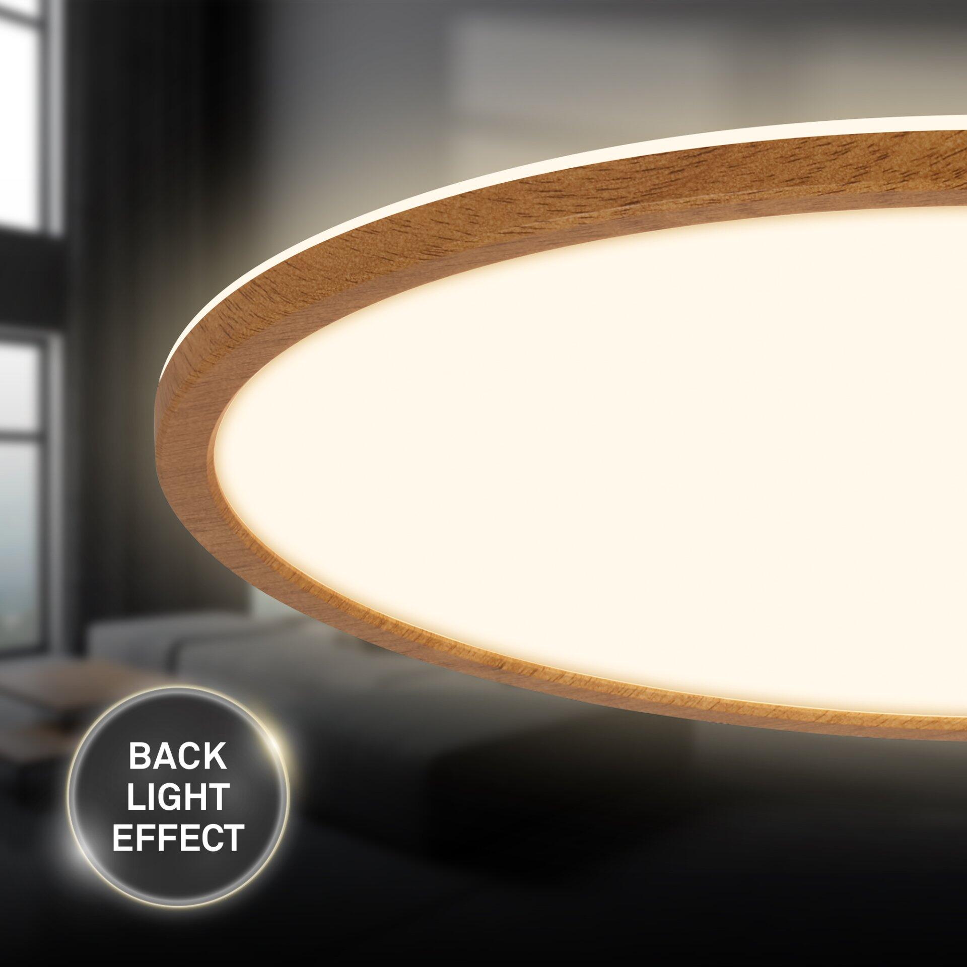 Panel Tava Wood Deckenleuchte im Profil mit warmer Holzmaserung und weichem LED-Licht sowie dem "Back Light Effect"-Logo.