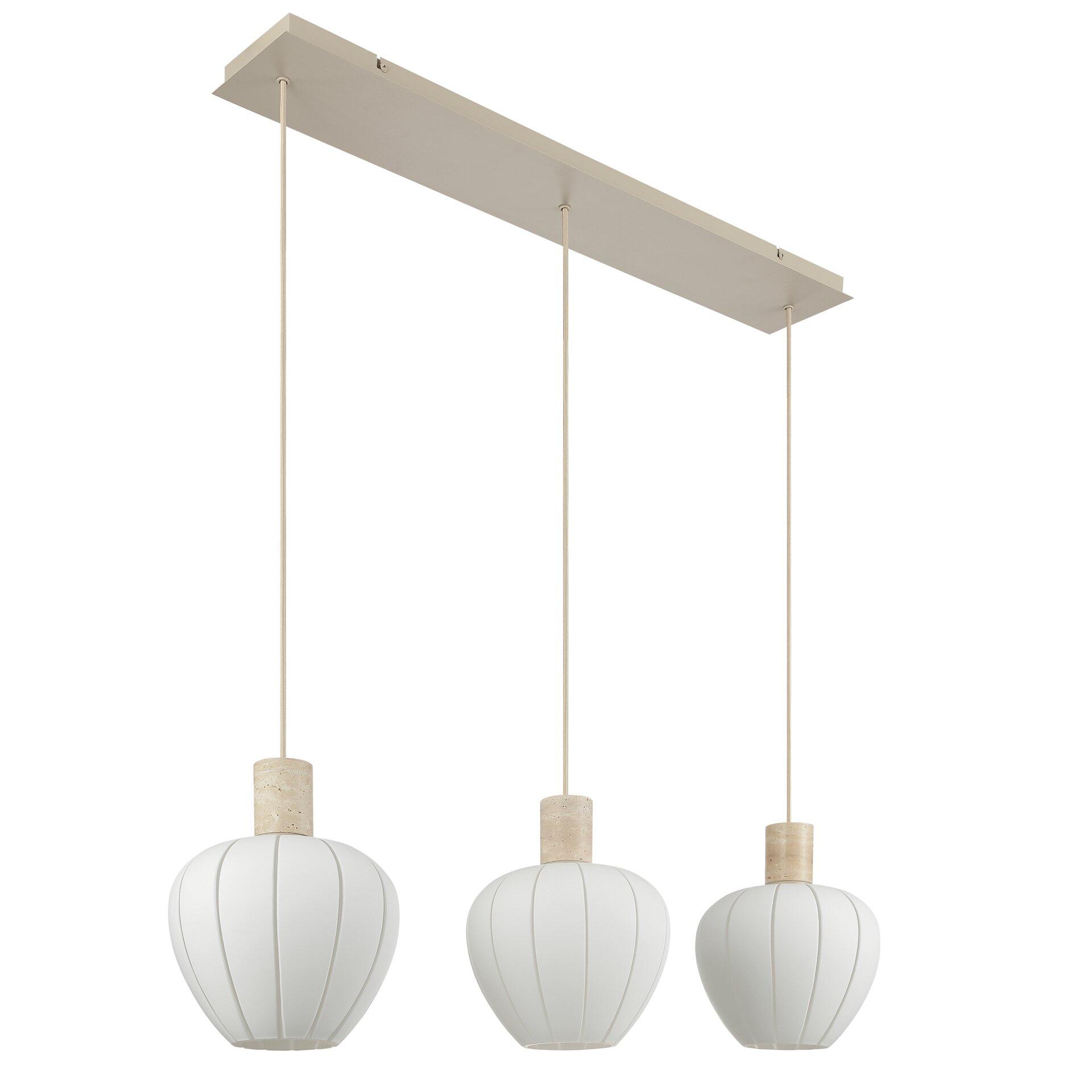 Pendelleuchte Annie mit drei kugelförmigen Lampenköpfen, silbrig-beige Halterung und hängenden, metallischen Stangen, frontal aufgenommen.