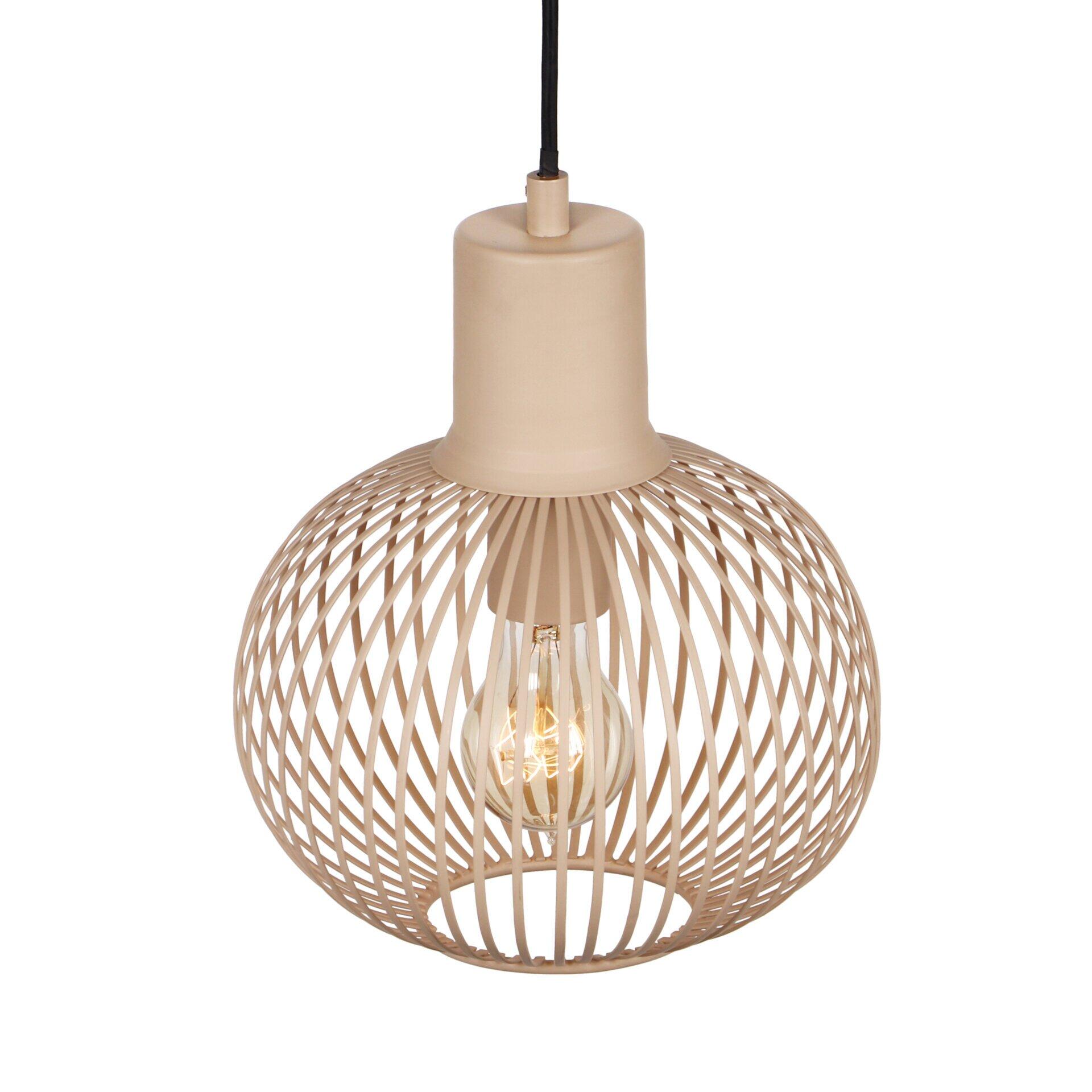 Pendelleuchte mit beige-farbenem Baldachin und filigranem Lampenschirm aus Metallstreben.