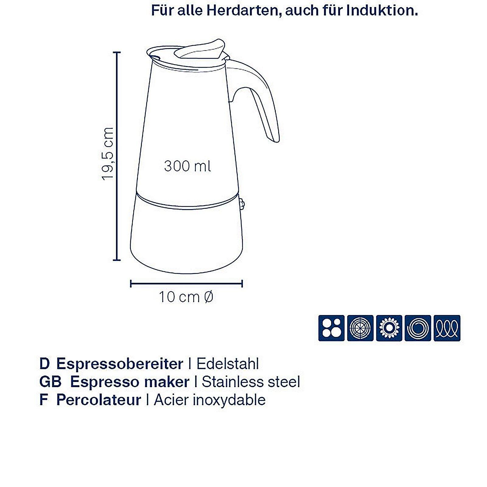 Edelstahl-Perkolator Ferrara, schräg von der Seite abgebildet, mit Induktionssymbolen und den Maßen Ø 10 cm, H: 19,5 cm.
