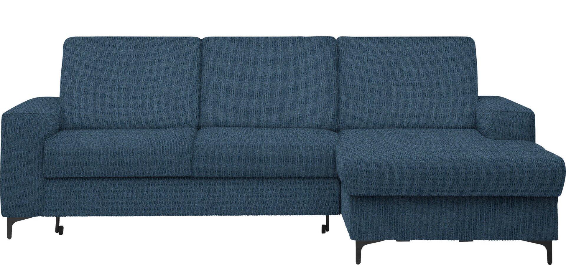 Ecksofa Balina in dunklem Blau mit Winkelfüßen und Schlaffunktion, aus einer frontalen Perspektive mit sichtbarer L-Form und flexiblen Rückenlehnen.