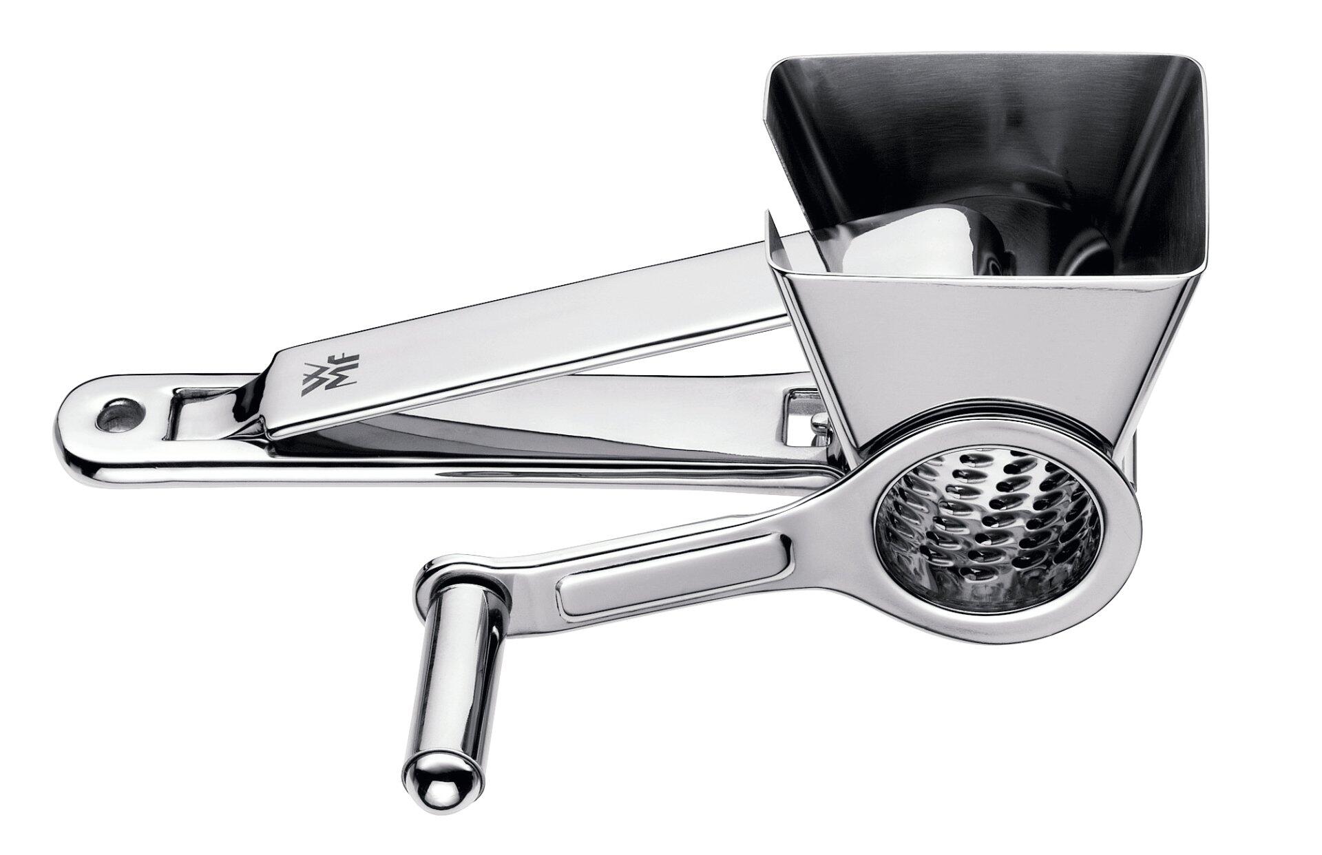 WMF Käsemühle Gourmet: Silberfarbene Käsemühle mit Reibe-Kopf, Auffangbehälter und ergonomischem Griff aus Edelstahl.