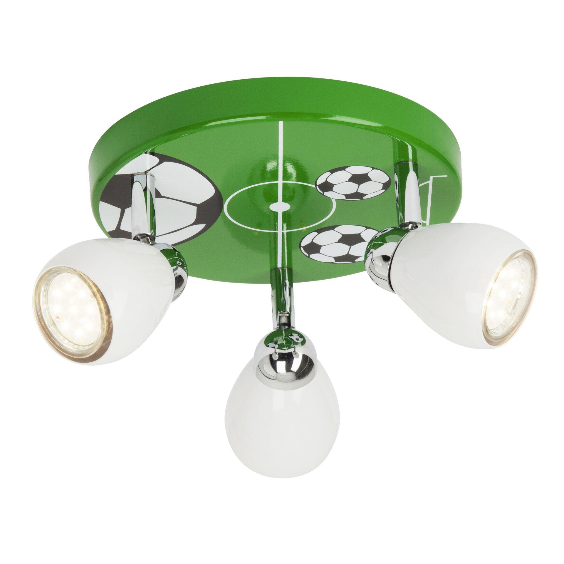 Spotleuchte Soccer mit schwenkbaren Köpfen, die in einer Produktpräsentation mit Fußballmotiv dargestellt ist.