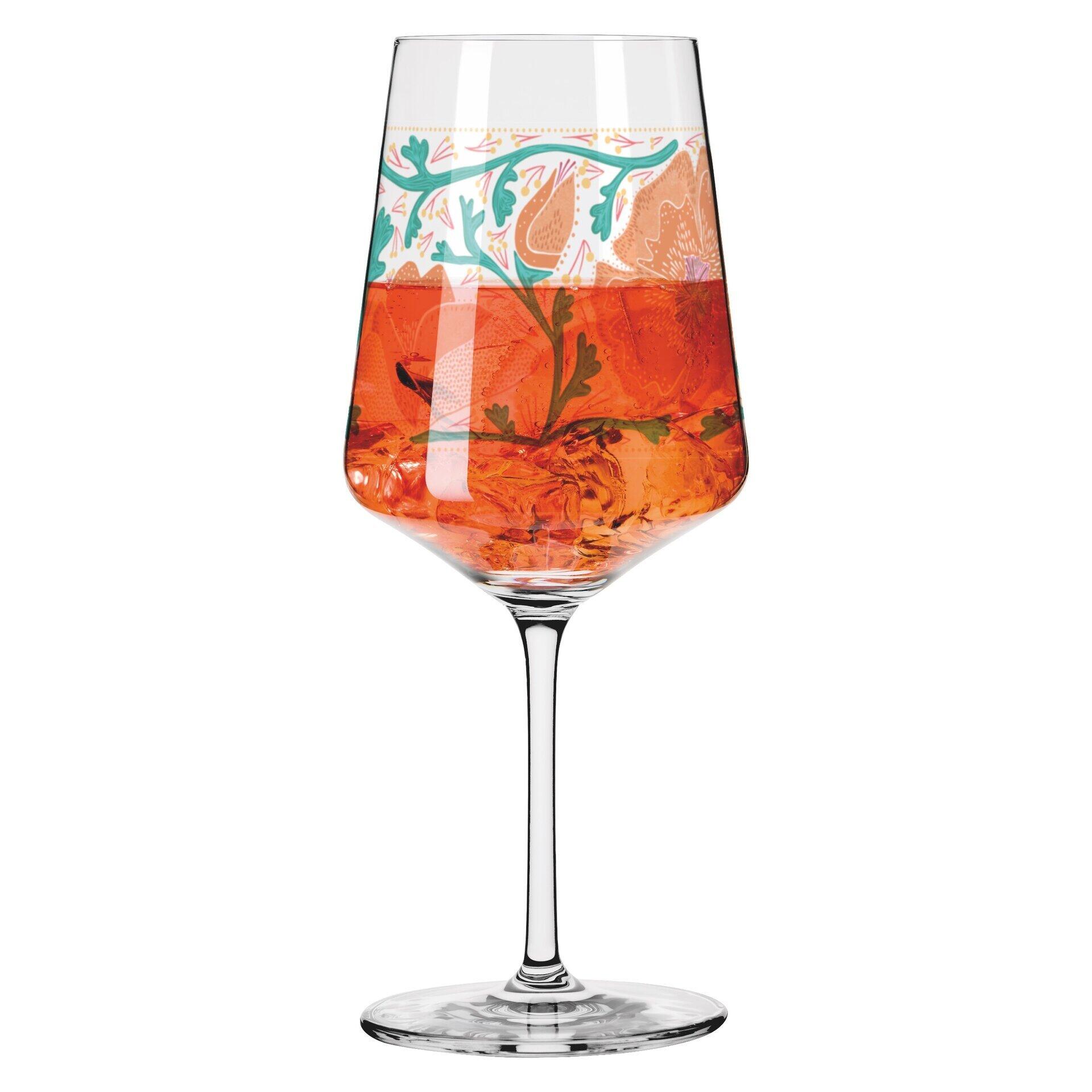 Aperitifglas mit floralem Dekor im Kelch, präsentiert in gerader Frontalperspektive.