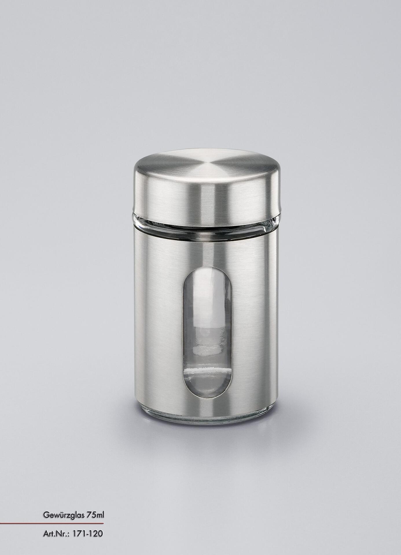 Gewürzglas LifeStyle, 75 ml, aus gebürstetem Edelstahl und Glas mit zylindrischer Form, rundem Deckel und integriertem Sichtfenster.