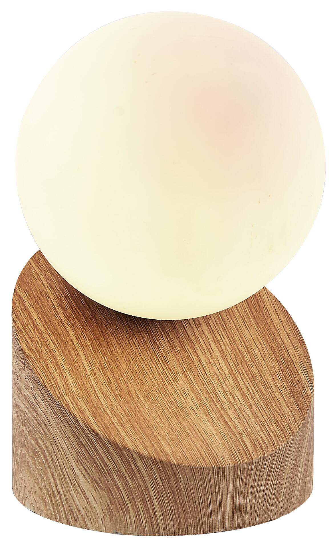Tischleuchte ALISA mit runder Glasleuchte und Holzsockel, die im Frontalbild ein warmes Licht abstrahlt und per Touch ein- und ausgeschaltet werden kann.
