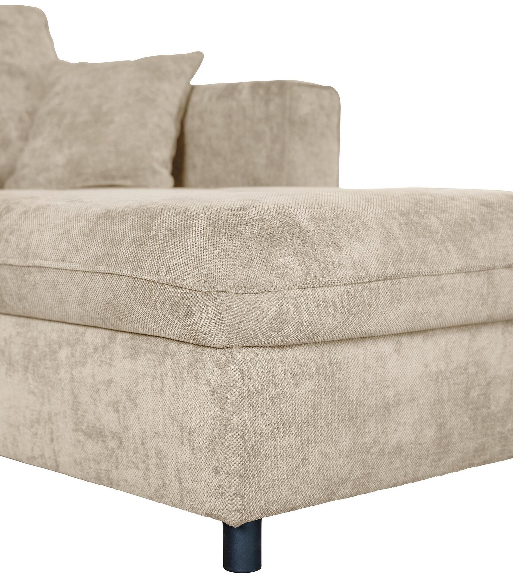 Ecksofa Tokyo mit schwarzen, konischen Metallfüßen und zwei Zierkissen, Detailaufnahme der rechten Ecke mit strukturierter grau-beige Stoffbezug.