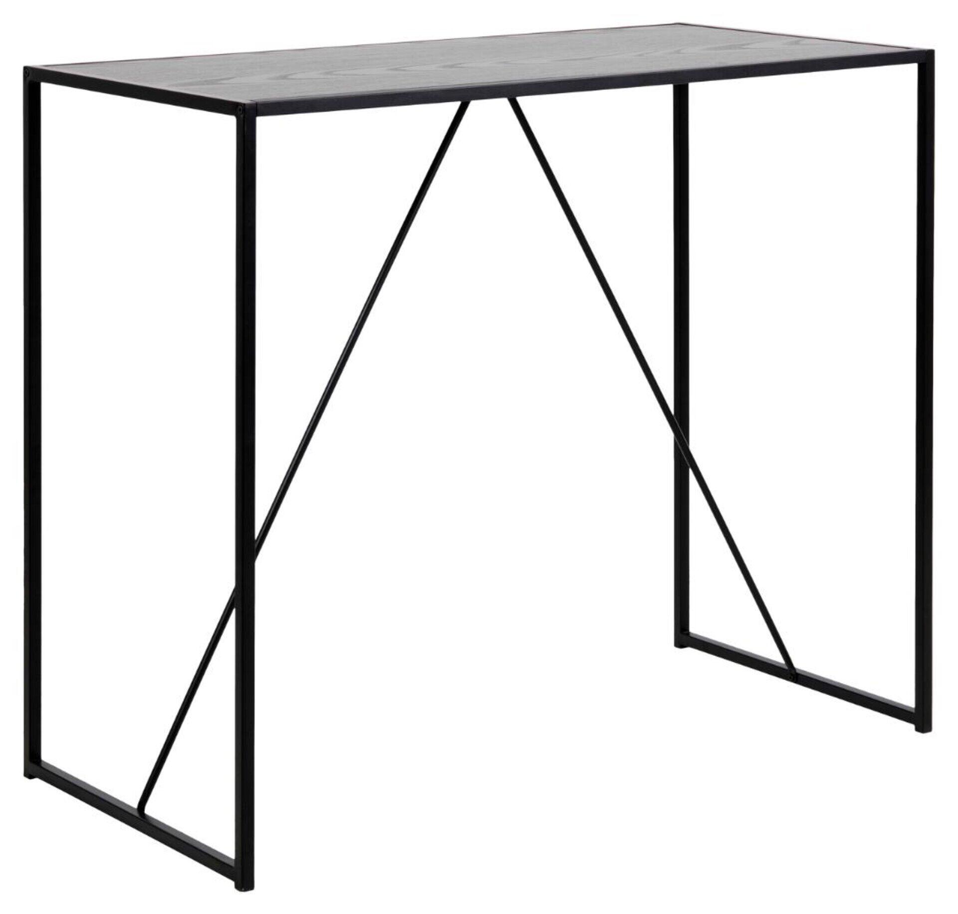 Bartisch Seaford mit dunkelgrauer Marmoroptik-Tischplatte und schwarzem Metallgestell, das die Stabilität durch eine diagonale Strebe gewährleistet.