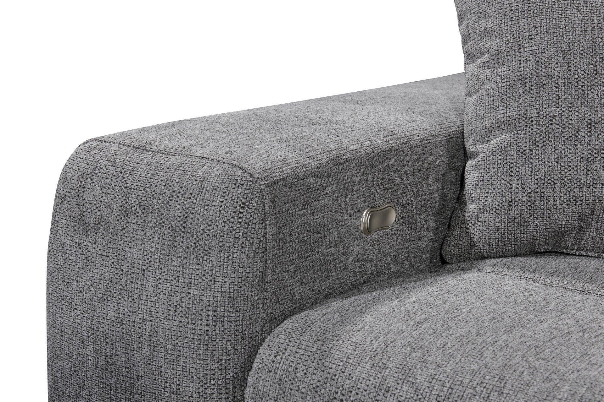 Graues Ecksofa Sydney mit abgewinkelter Form, silberfarbenen Füßen und einer Ausziehfunktion zur Schaffung einer Schlaffläche.