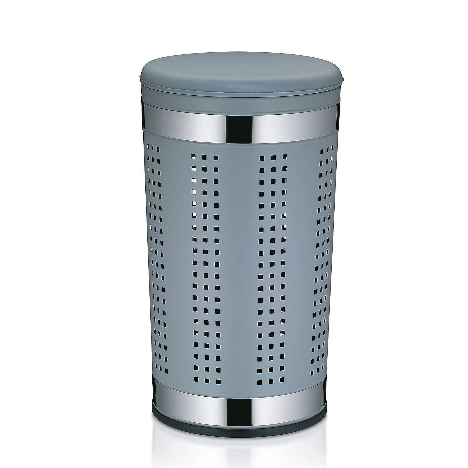 Sitz-Wäschebox Sevilla, silberfarbener Metallkörper mit Belüftungslöchern und grauem Deckel, seitlich dargestellt, um Höhe und Form zu zeigen.