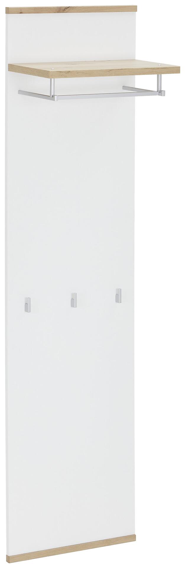 Weiße Wandgarderobe Yamael mit horizontaler Ablage, metallenen Halterungen und drei Haken zur Kleideraufhängung, eingebettet in einen hellen Holzrahmen.