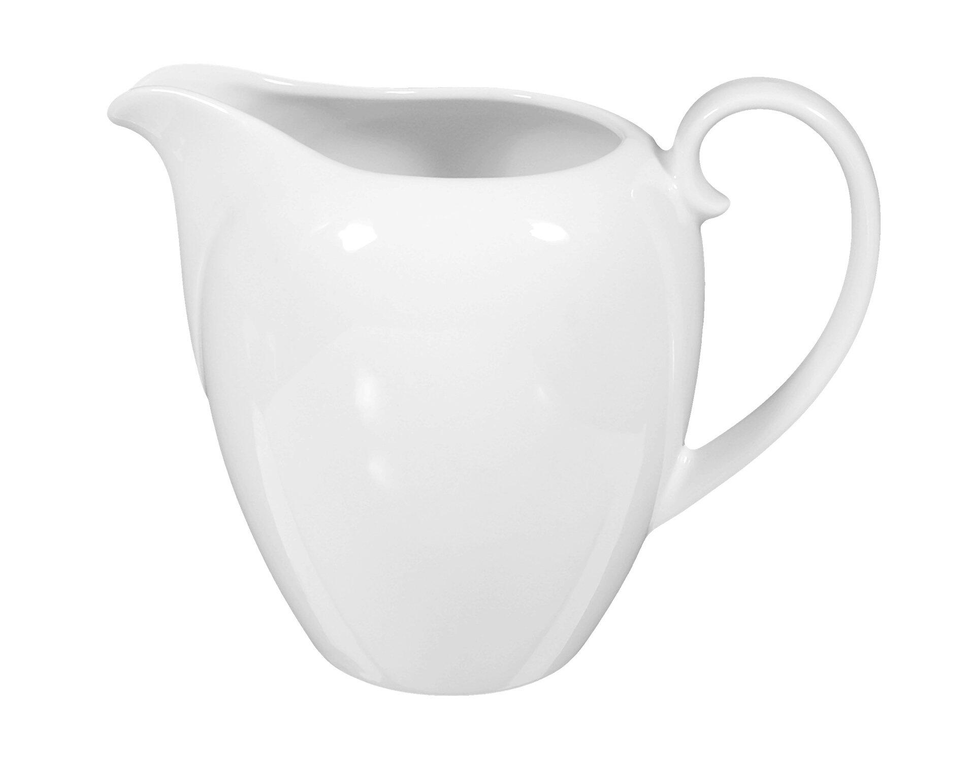 Weiße, tropfenförmige Milchkanne aus Keramik mit elegantem Ausguss und praktischem Henkel, dargestellt in Dreiviertelperspektive.