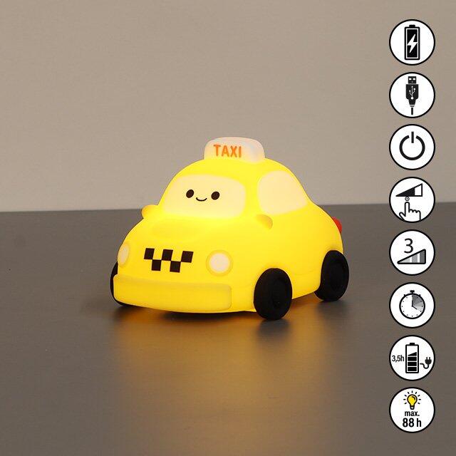 Tischleuchte Fares als gelb gestylte Taxi-Lampe mit Touch-Funktionen und Symbolen für USB-Laden, Timer, Akkulaufzeit und Ein-/Ausschalter.