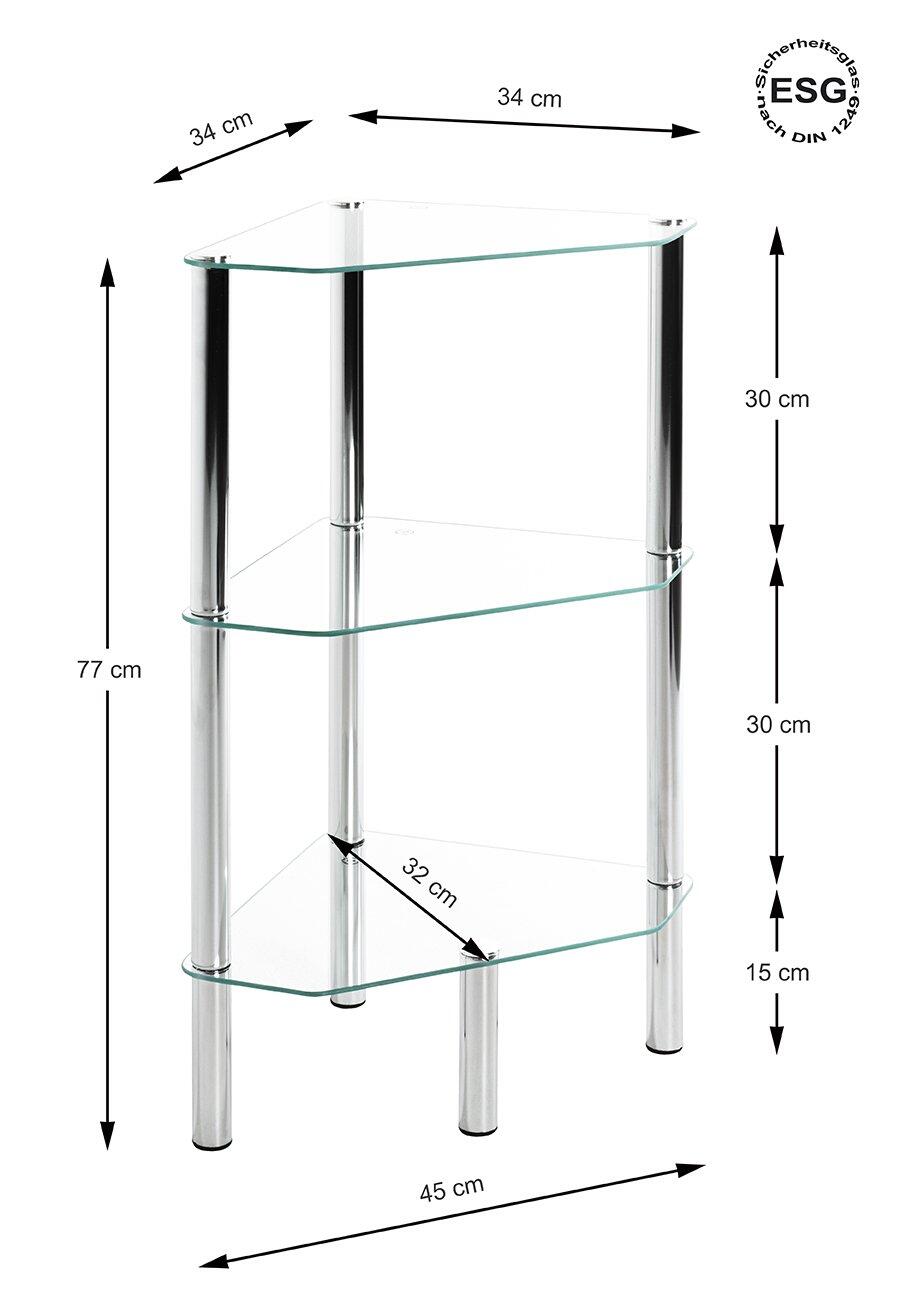 Chrom-Regal mit drei transparenten Sicherheitsglasablagen und schlanken Metallbeinen, Gesamt Höhe 77 cm, Tiefe 32 cm.