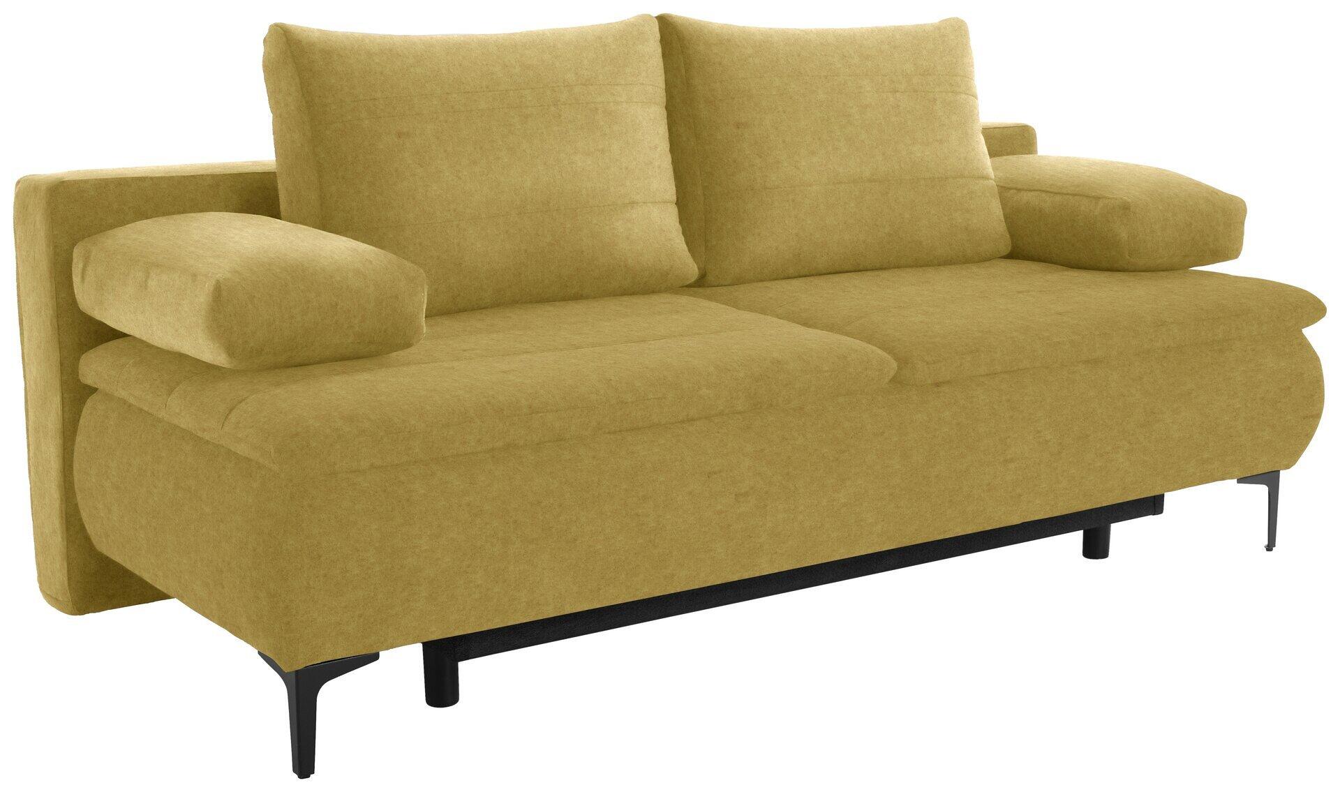 Gelb-goldenes Boxspringsofa Melly in Seitenansicht mit ausgezogener Schlaffläche, hoher Rückenlehne, abgerundeten Armlehnen und schwarzen Metallfüßen.