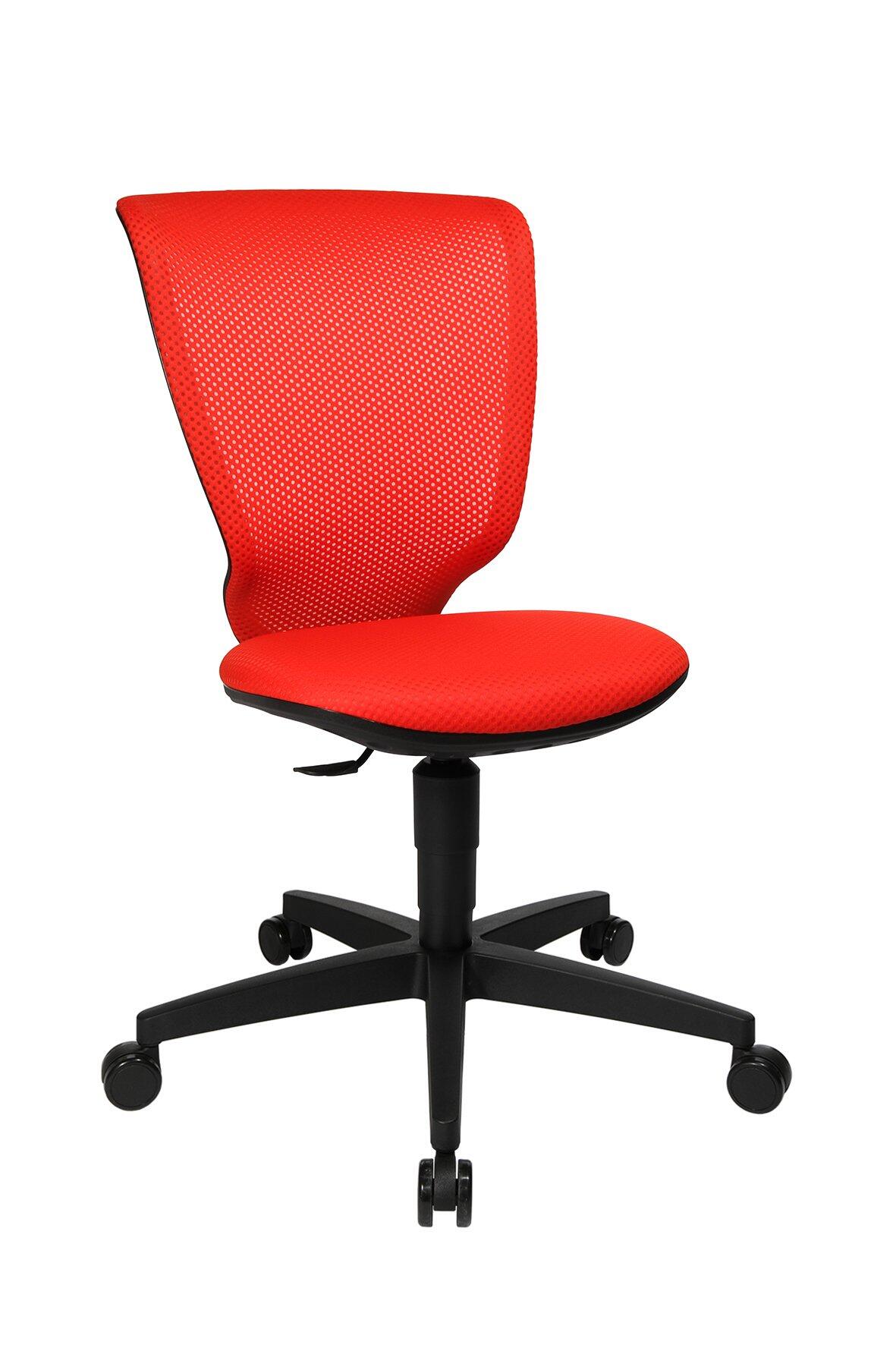 Roter Bürostuhl Spider Kid mit Netzstoff-Rücken, Sternfuß und Höhenverstellfunktion, Detaildarstellung aus Dreiperspektive.
