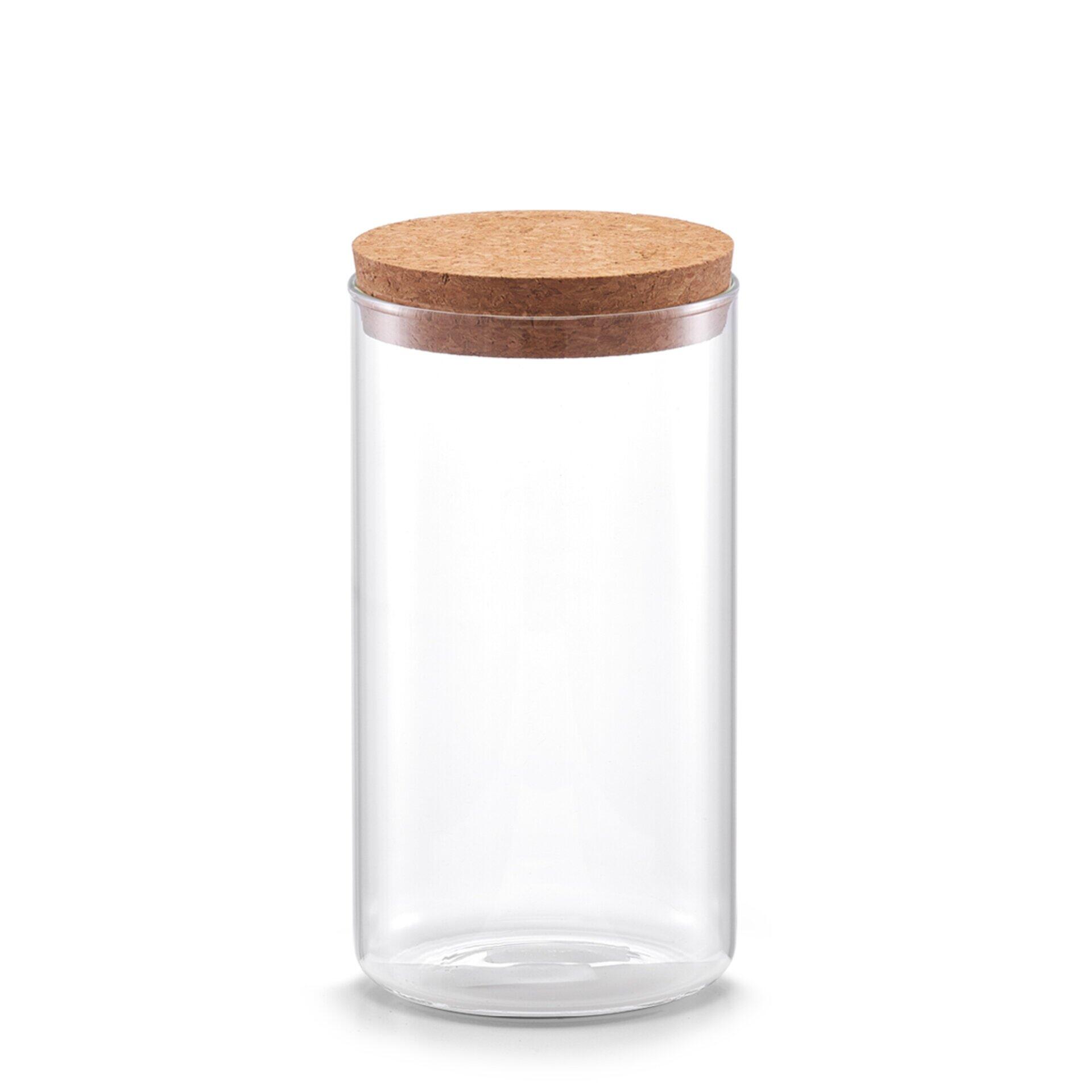 Vorratsglas mit Korkendeckel und Metallring, dargestellt aus Frontalperspektive, zeigt den ungehinderten Einblick durch die transparenten Glaswände.