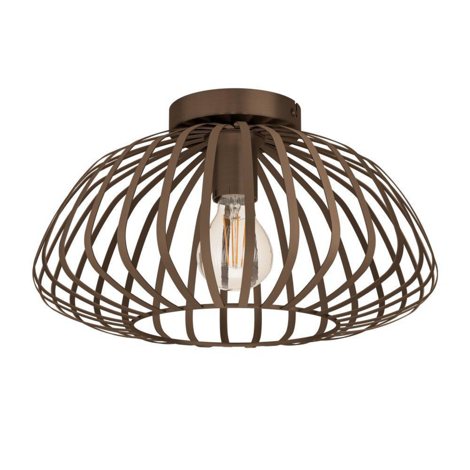 Deckenleuchte Espinal aus Metall mit ineinander verschlungenen braunen Streben, die ein Vogelhaus-ähnliches Design bilden und das Licht einer Glühbirne im Zentrum durchlassen.